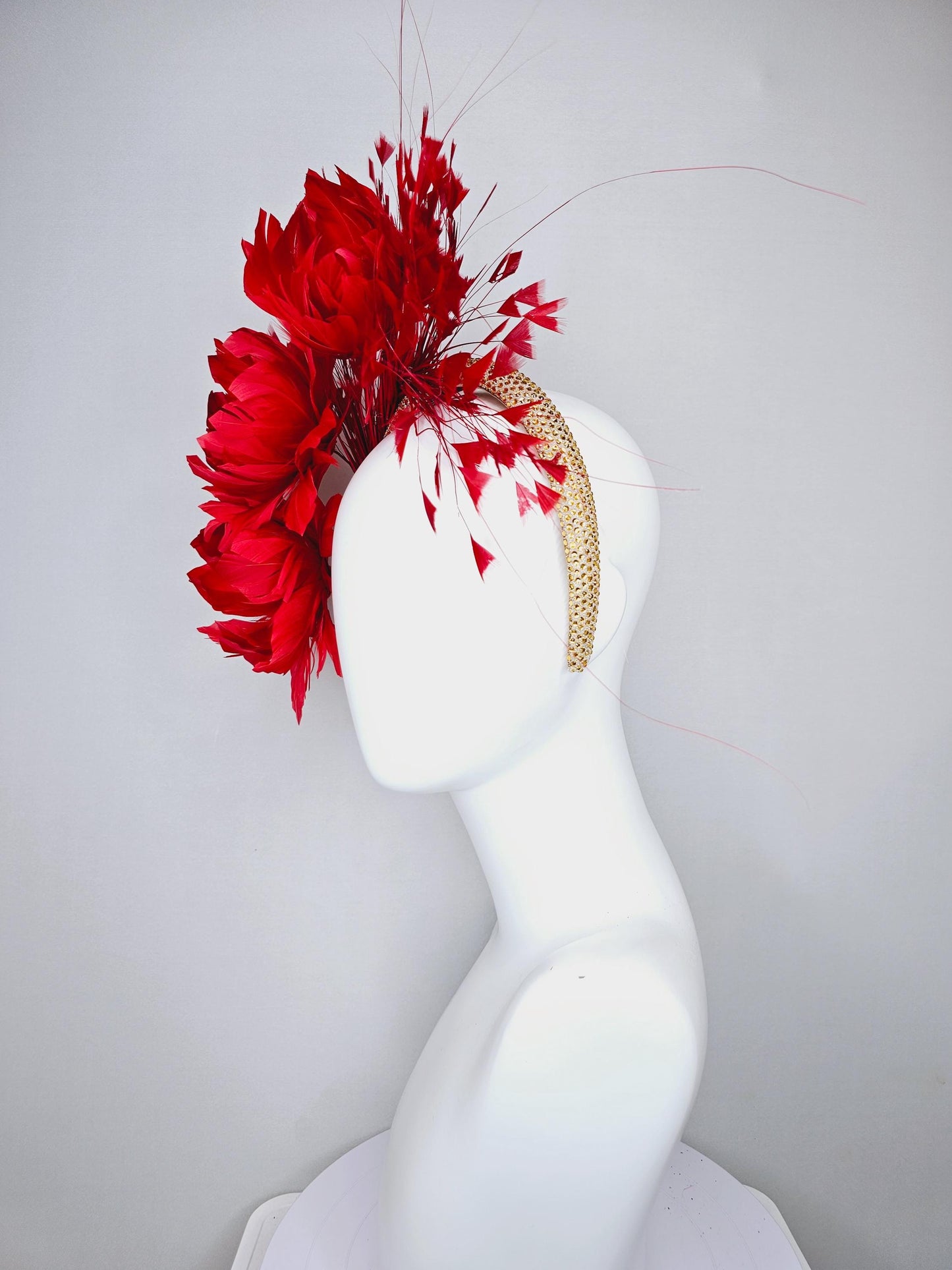 kentucky derby hat fascinator red coral feather flowers, red coral branching feathers and gold crystal rhinestone headband