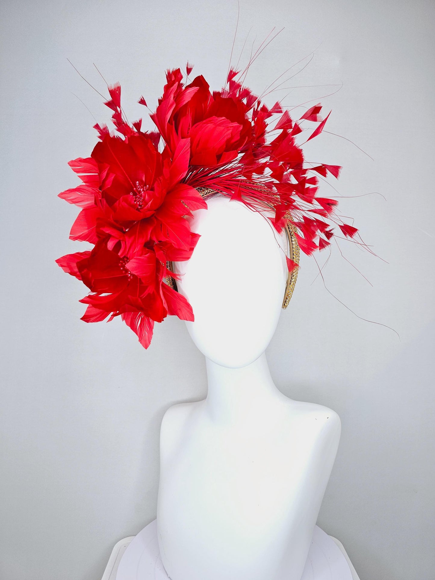 kentucky derby hat fascinator red coral feather flowers, red coral branching feathers and gold crystal rhinestone headband