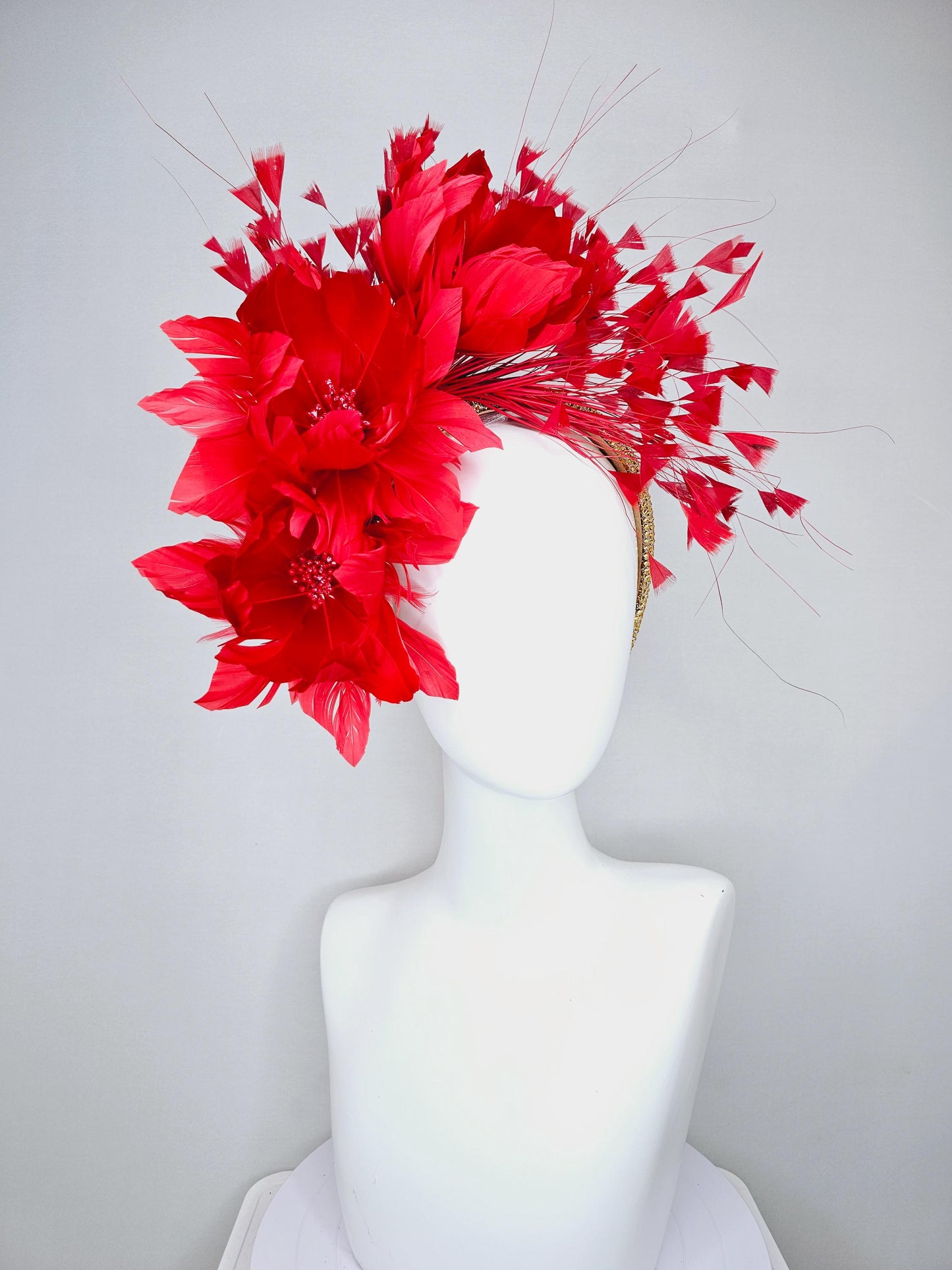 kentucky derby hat fascinator red coral feather flowers, red coral branching feathers and gold crystal rhinestone headband