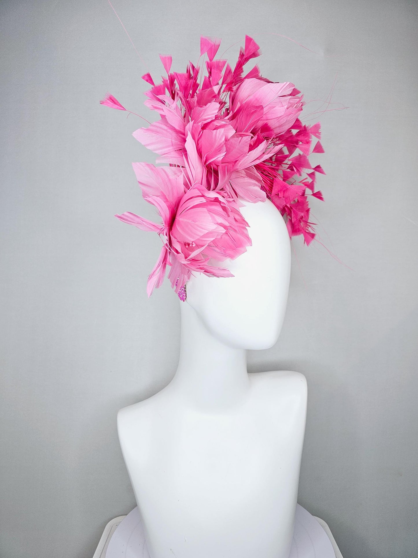 kentucky derby hat fascinator pink iridescent crystal rhinestone headband, rose pink feather flowers with rose pink branching feathers