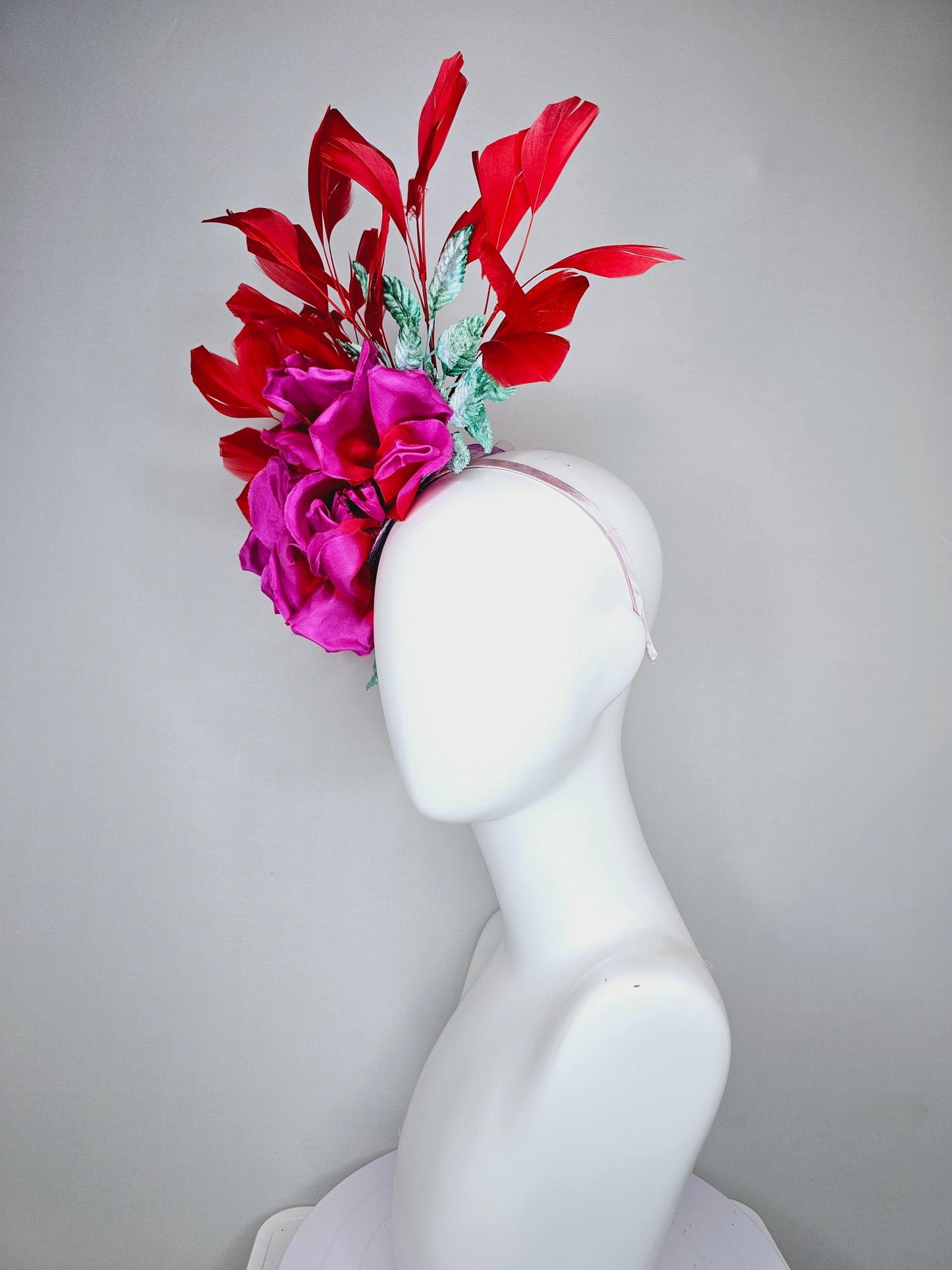 kentucky derby hat fascinator bright pink satin silk flower with aqua blue satin leaves and red coral branching feathers