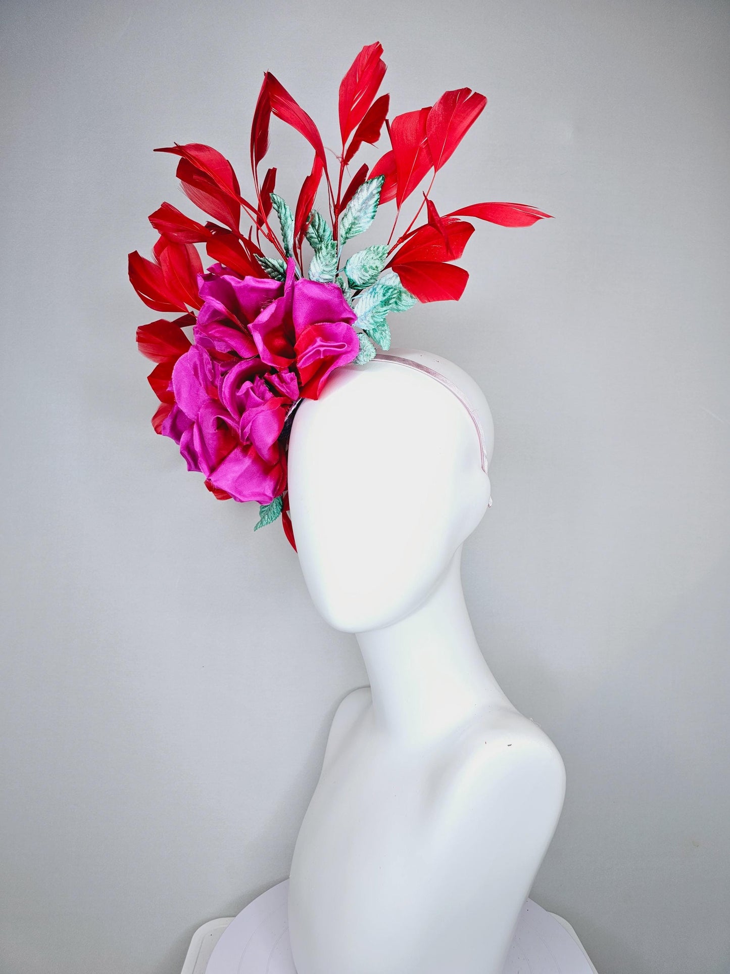 kentucky derby hat fascinator bright pink satin silk flower with aqua blue satin leaves and red coral branching feathers