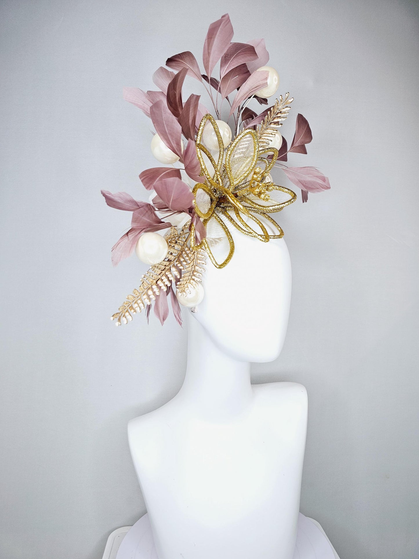 kentucky derby hat fascinator gold glitter flower with gold leaves, taupe brown branching feathers with pearls