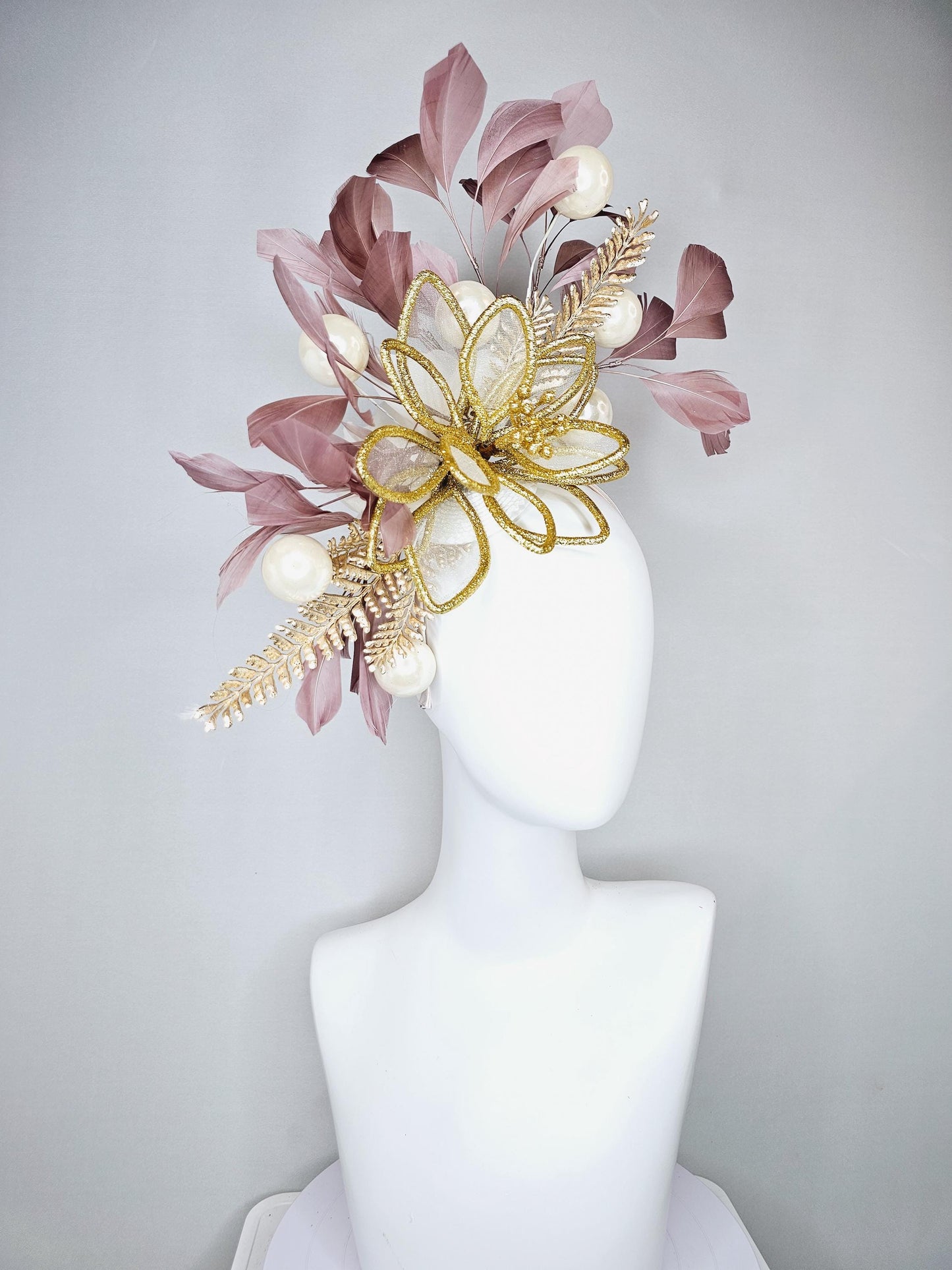 kentucky derby hat fascinator gold glitter flower with gold leaves, taupe brown branching feathers with pearls