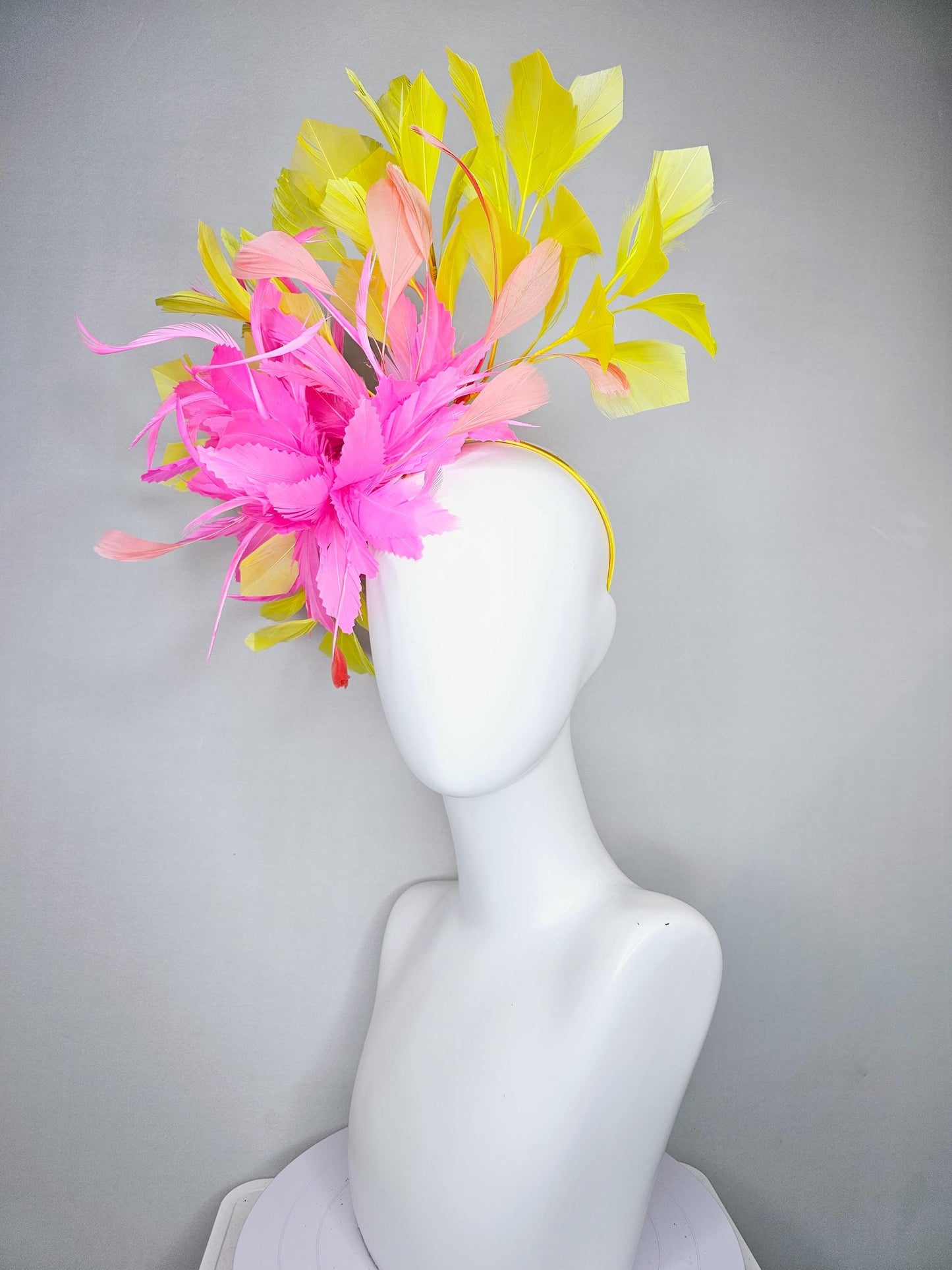 kentucky derby hat fascinator blush pink rose feather flower with yellow and light coral peach branching feathers, thin headband
