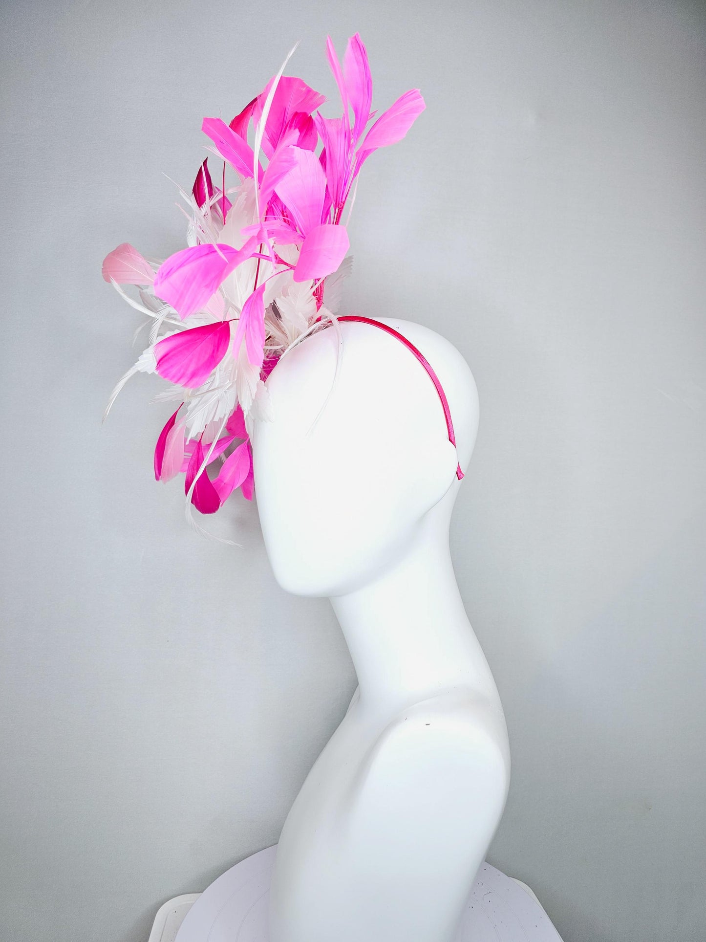 kentucky derby hat fascinator white feather flower with pink fuchsia and light pink branching feathers, thin headband