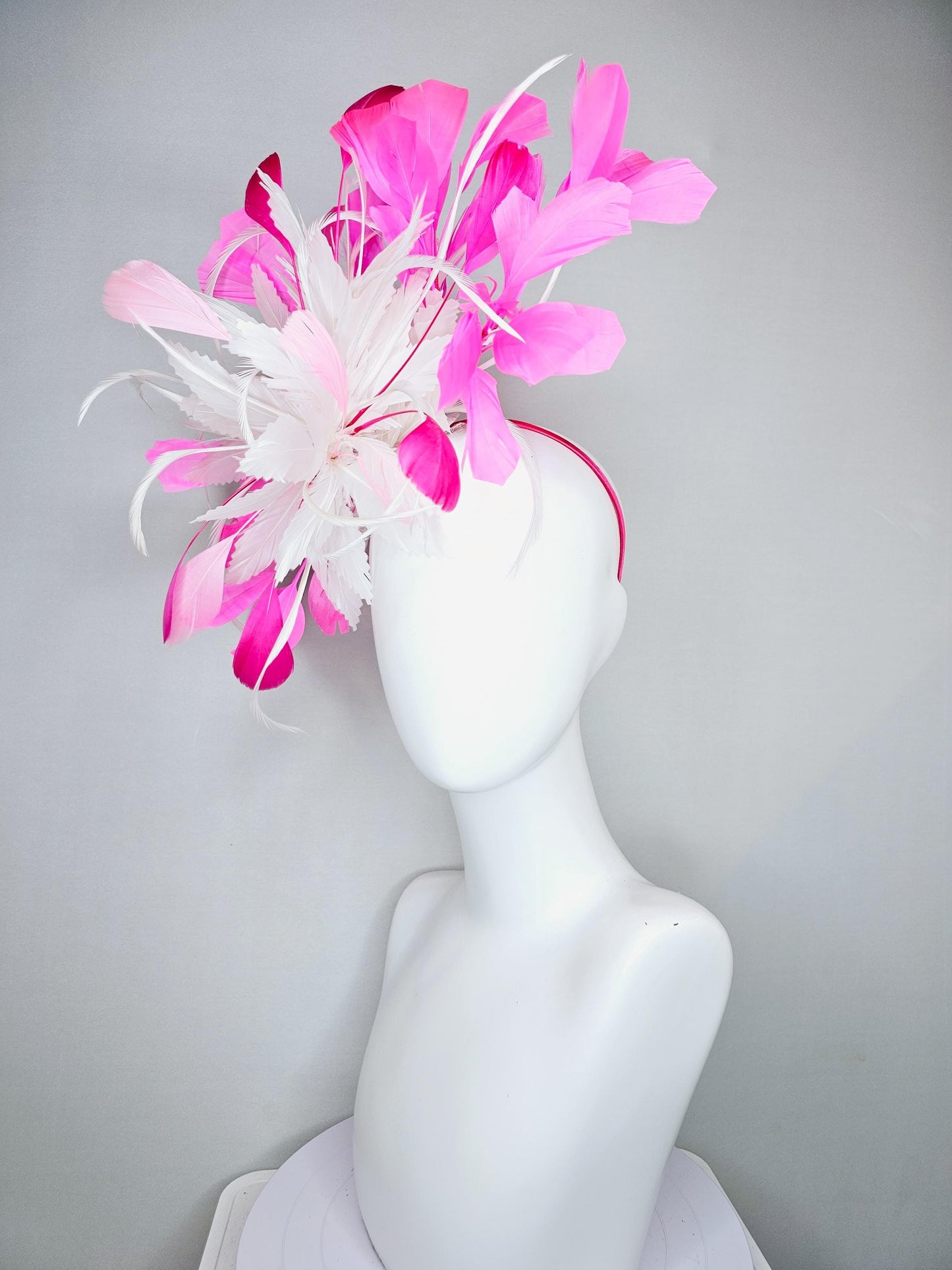 kentucky derby hat fascinator white feather flower with pink fuchsia and light pink branching feathers, thin headband