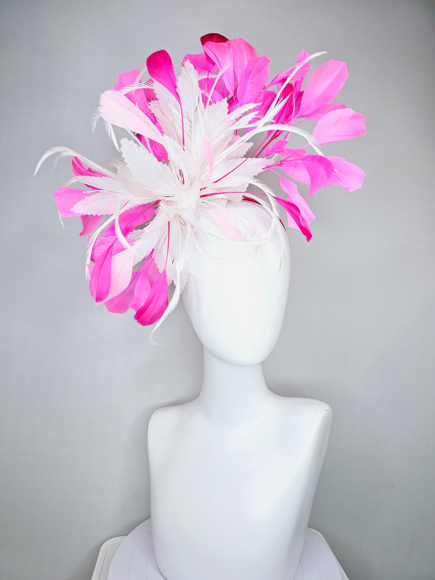 kentucky derby hat fascinator white feather flower with pink fuchsia and light pink branching feathers, thin headband