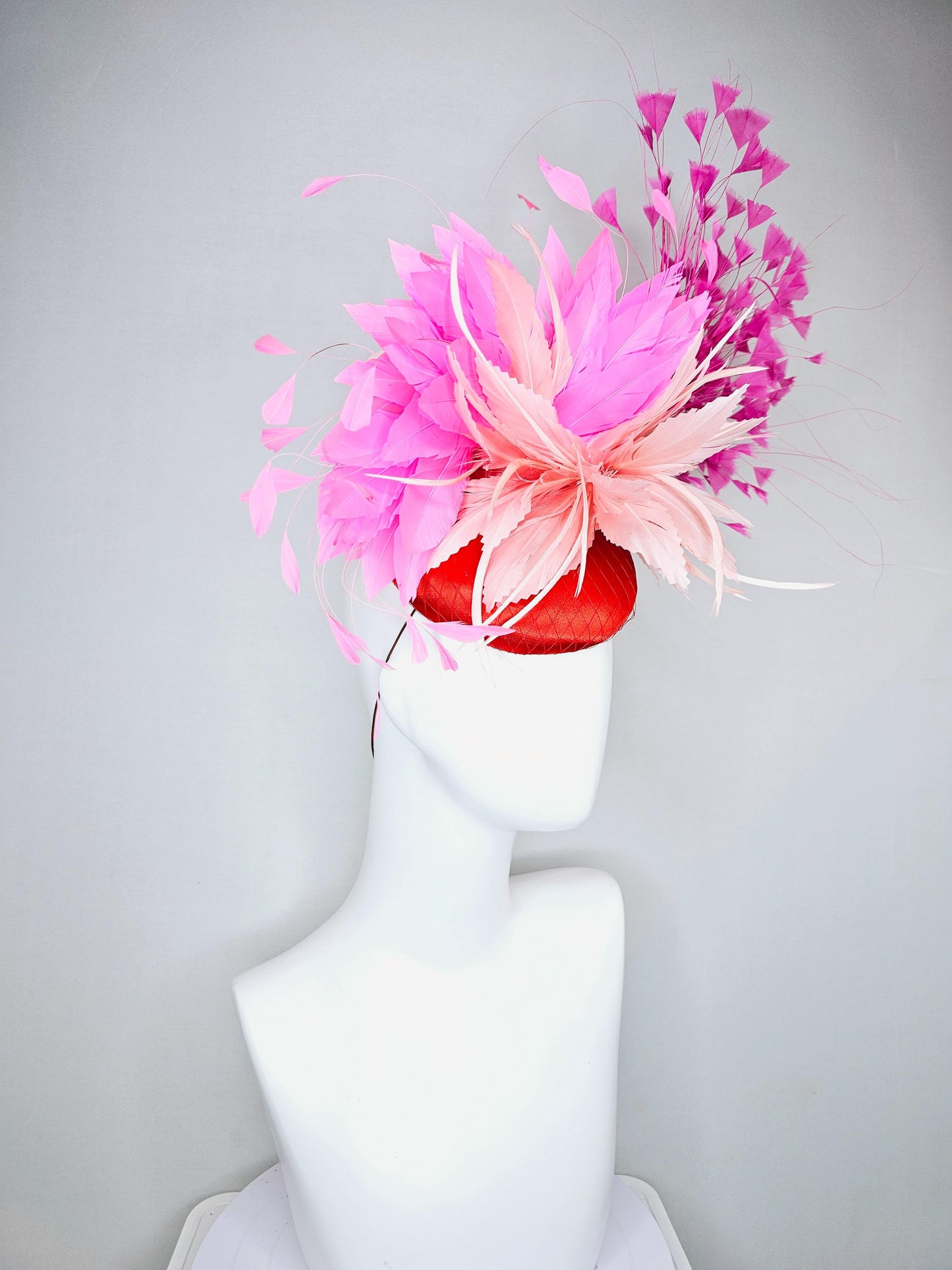 kentucky derby hat fascinator red satin with netting,light blush pink rose feather flower, pink branching feathers