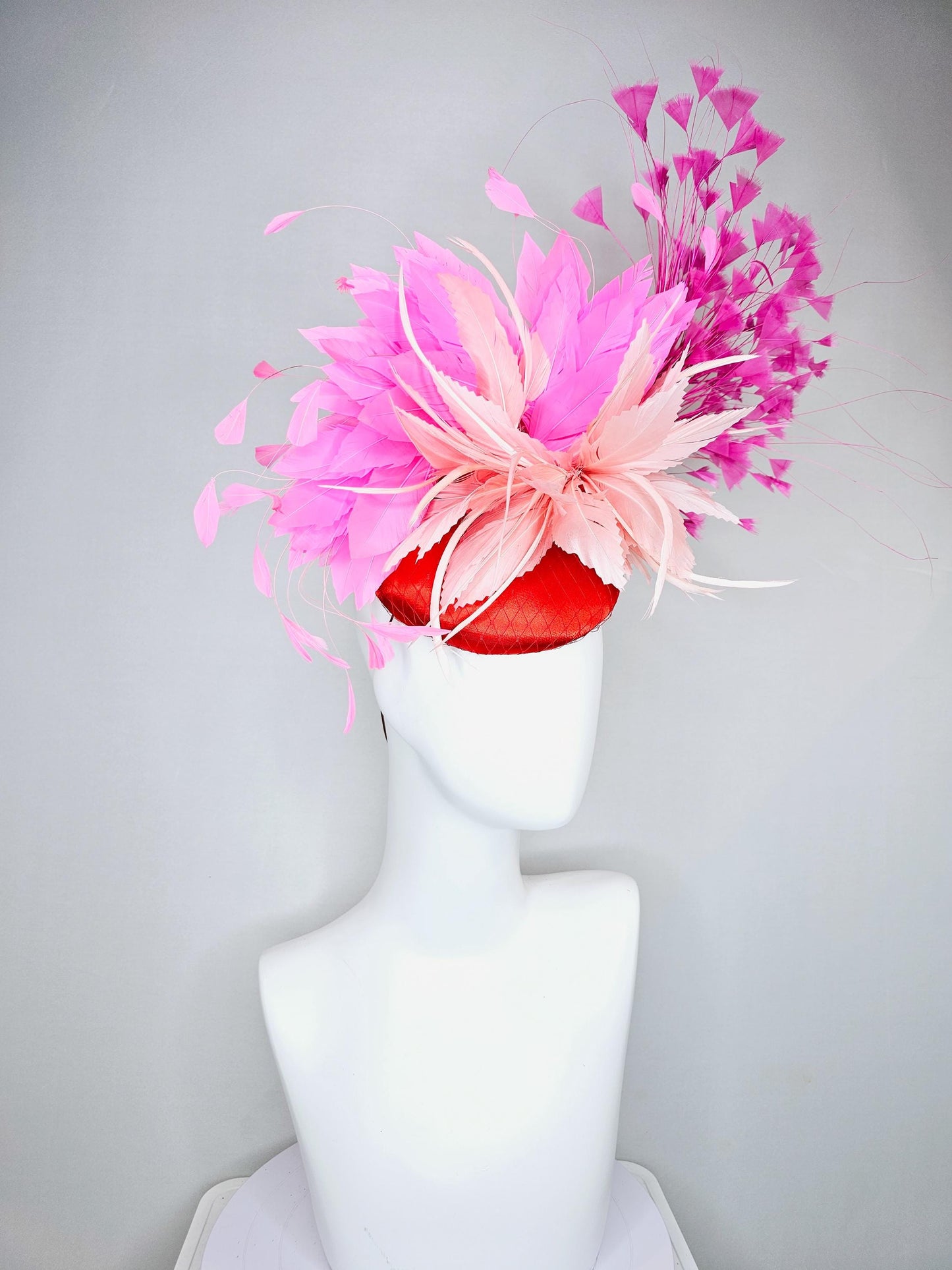 kentucky derby hat fascinator red satin with netting,light blush pink rose feather flower, pink branching feathers