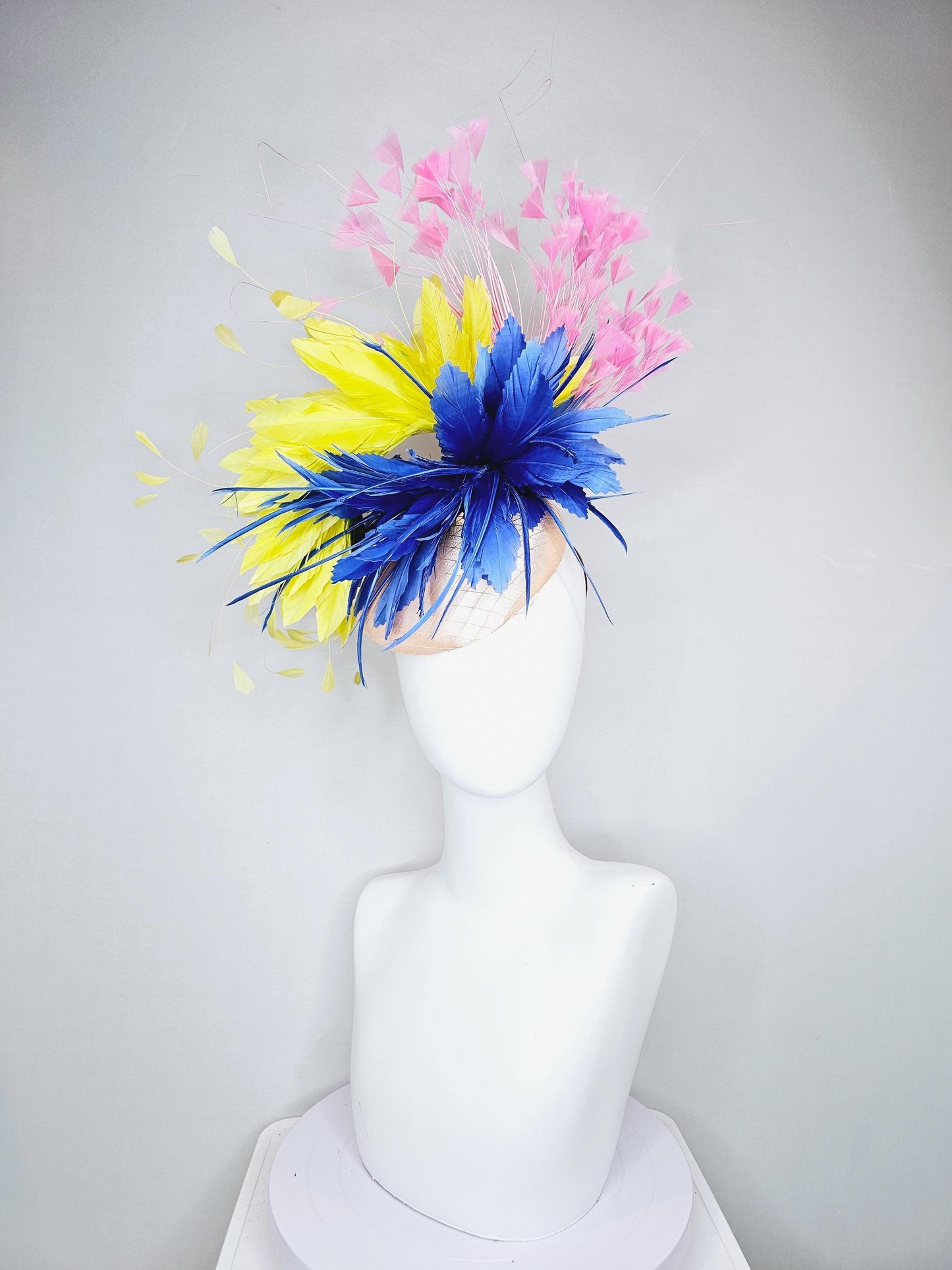 kentucky derby hat fascinator champagne satin with netting,cobalt royal blue and yellow feather flower, light blush pink branching feathers