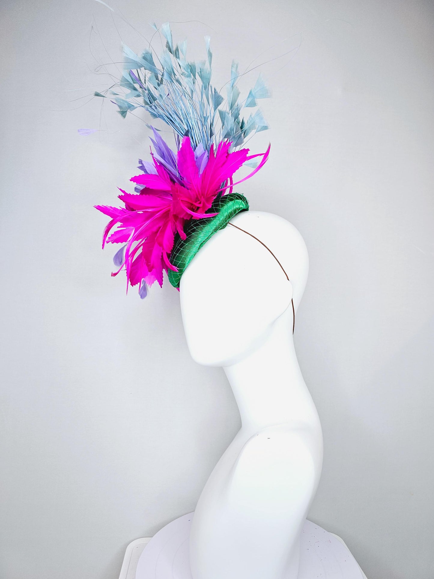 kentucky derby hat fascinator green satin with netting fuchsia pink and purple lavender feather flower light teal blue branching feathers