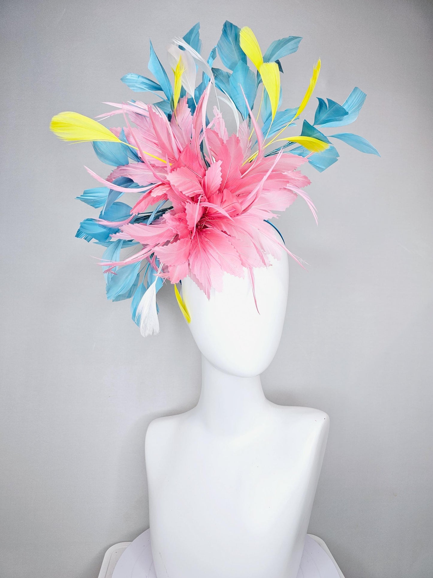 kentucky derby hat fascinator light blush pink rose feather flower, light turquoise aqua blue yellow white branching feathers, thin headband