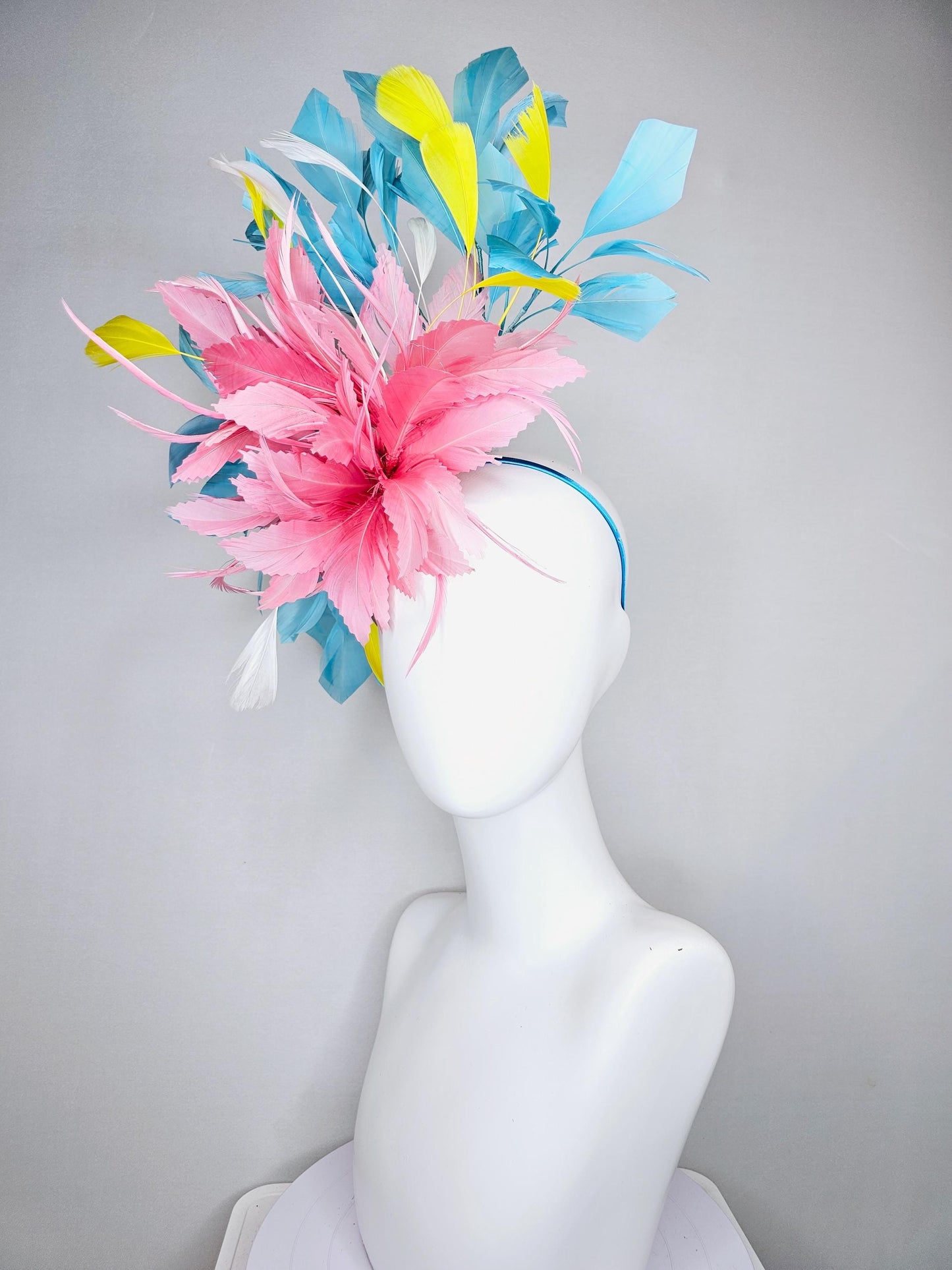 kentucky derby hat fascinator light blush pink rose feather flower, light turquoise aqua blue yellow white branching feathers, thin headband