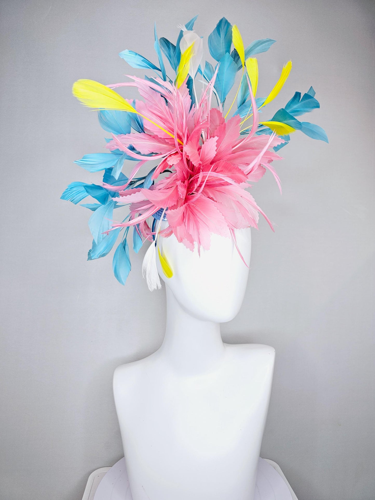 kentucky derby hat fascinator light blush pink rose feather flower, light turquoise aqua blue yellow white branching feathers, thin headband
