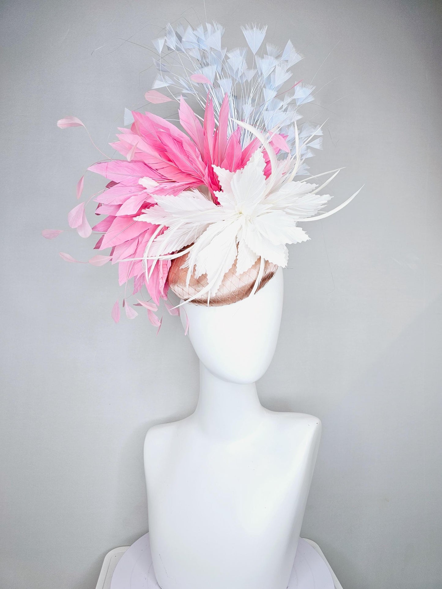 kentucky derby hat fascinator champagne satin with netting, white and blush light pink feather flower, sky light blue branching feathers