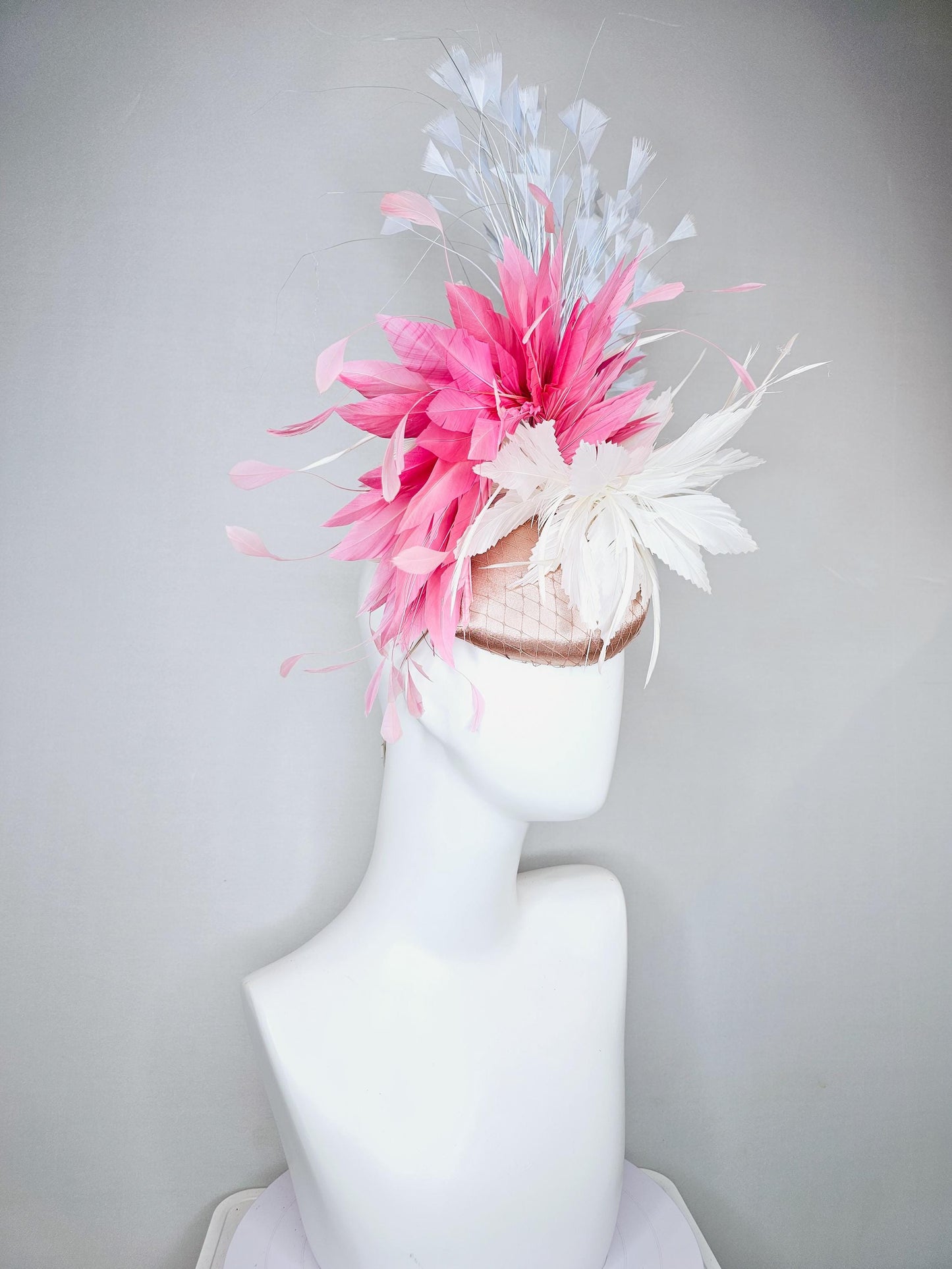 kentucky derby hat fascinator champagne satin with netting, white and blush light pink feather flower, sky light blue branching feathers