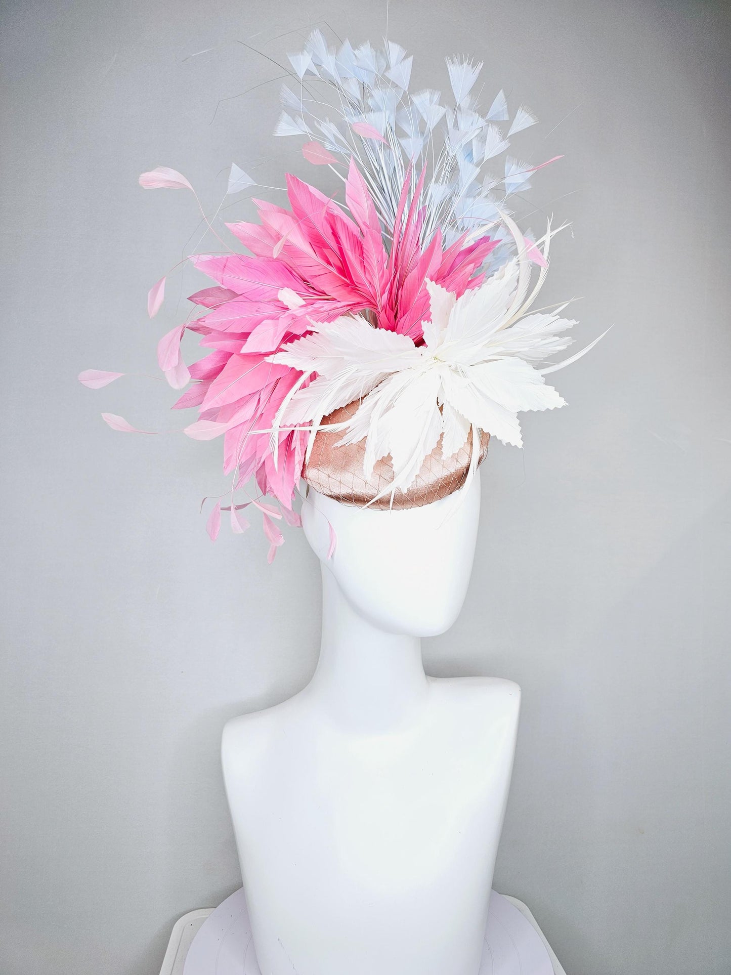 kentucky derby hat fascinator champagne satin with netting, white and blush light pink feather flower, sky light blue branching feathers