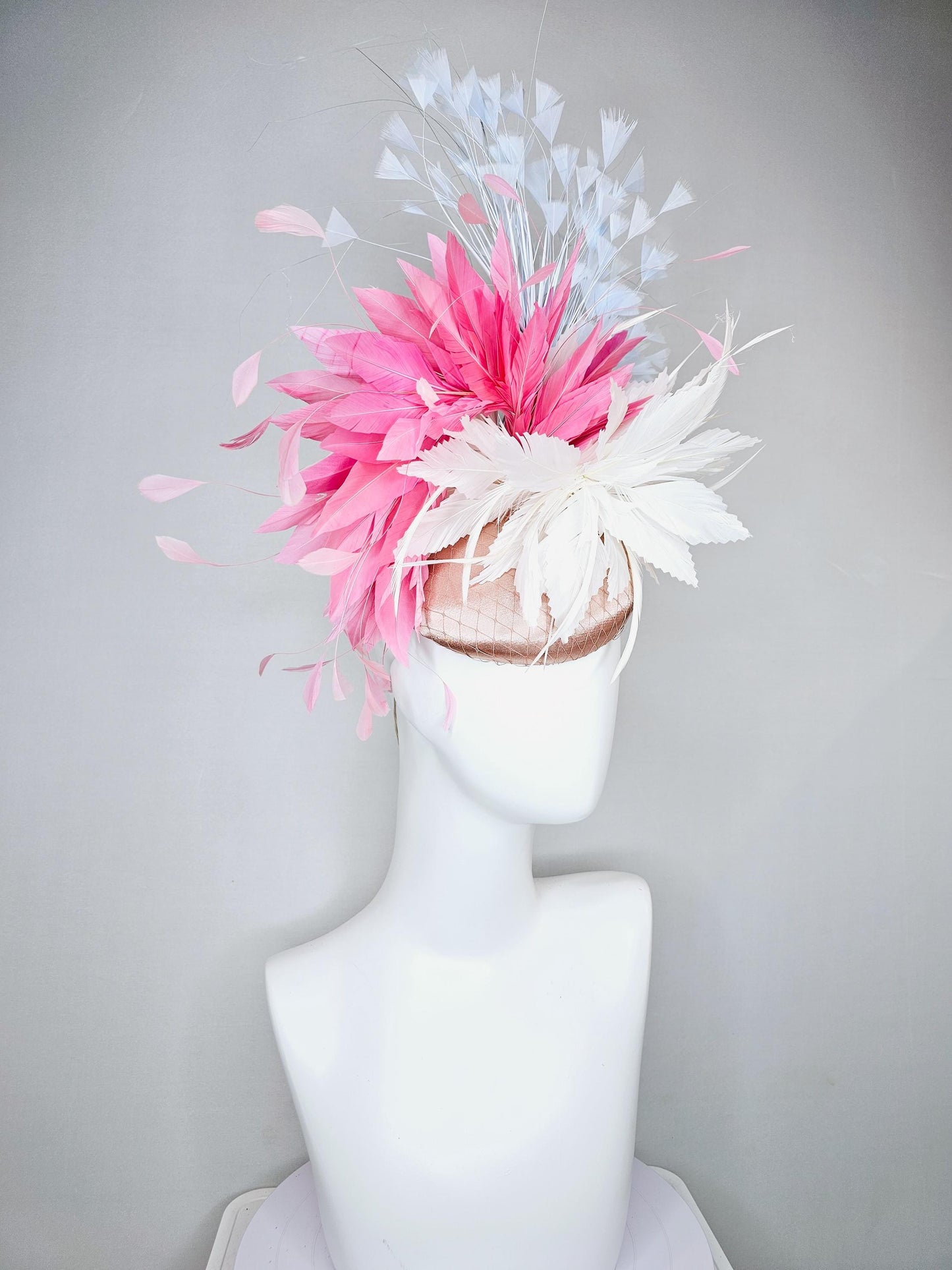kentucky derby hat fascinator champagne satin with netting, white and blush light pink feather flower, sky light blue branching feathers