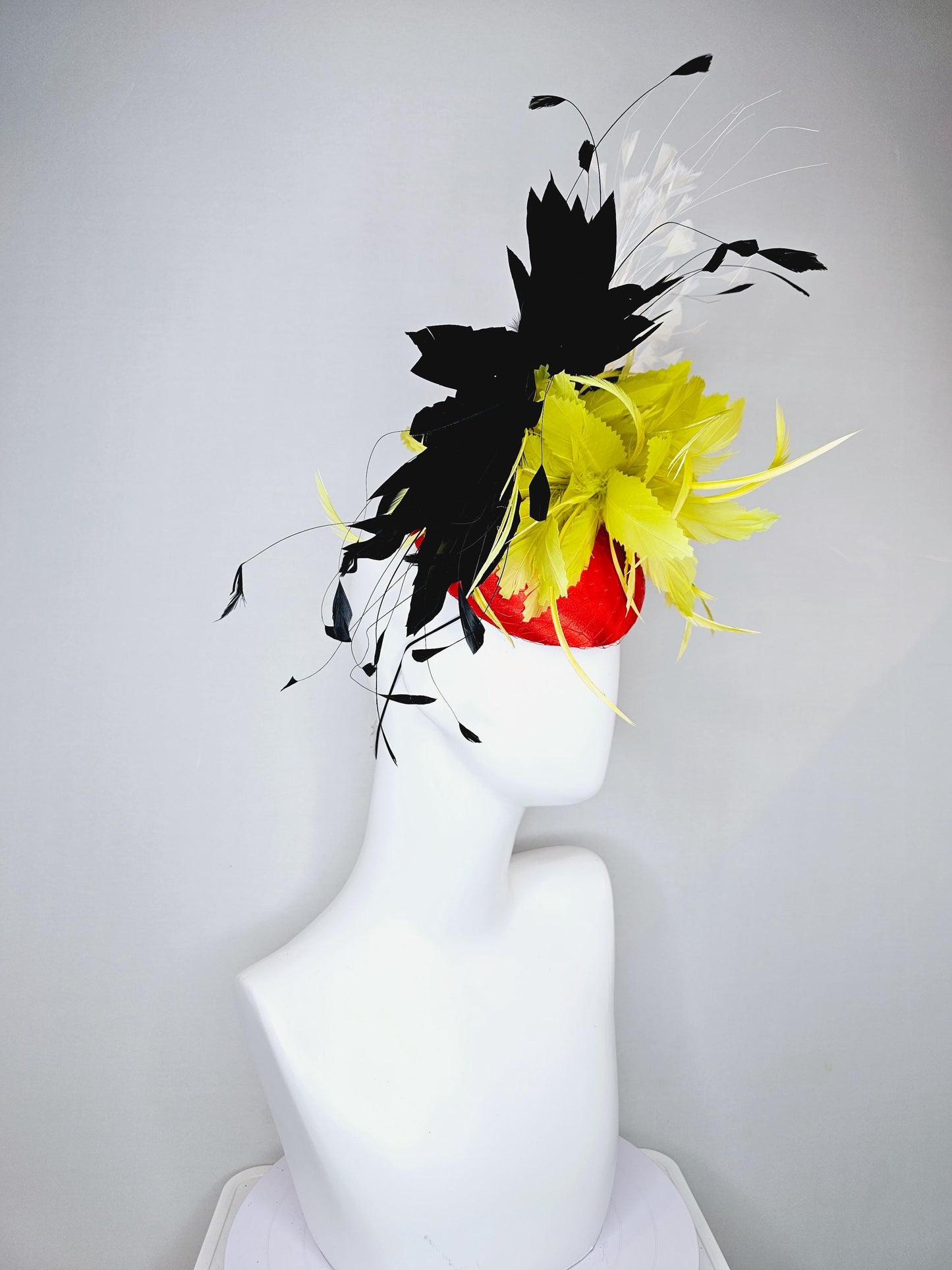 kentucky derby hat fascinator red satin with netting, yellow and black feather flower, white ivory branching feathers