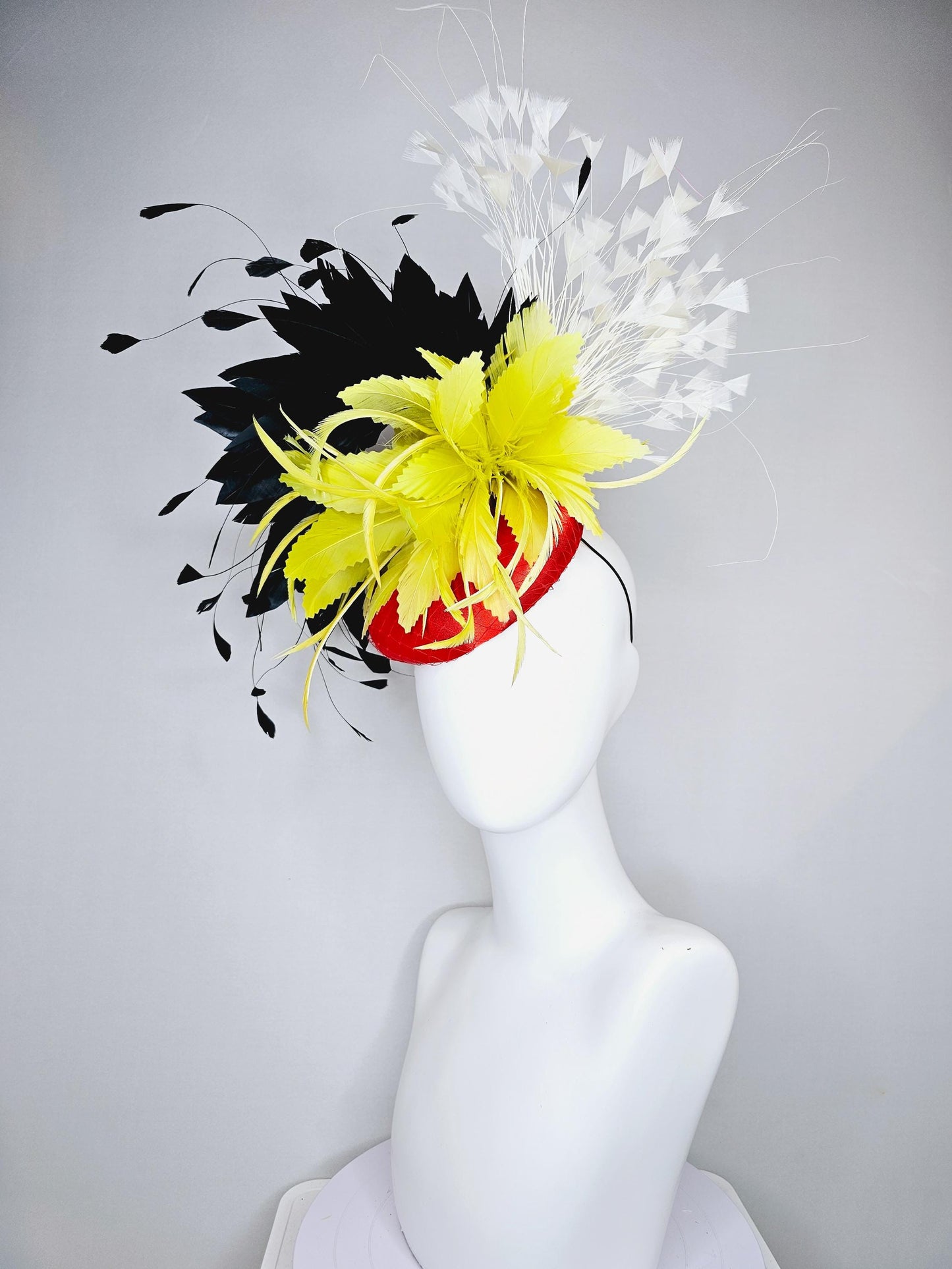 kentucky derby hat fascinator red satin with netting, yellow and black feather flower, white ivory branching feathers
