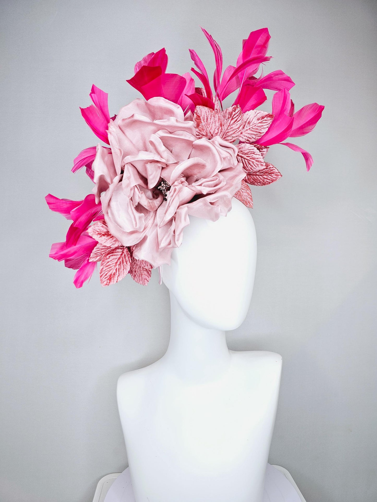 kentucky derby hat fascinator light dusty pink rose satin silk flower, blush pink satin leaves, hot pink branching feathers, thin headband