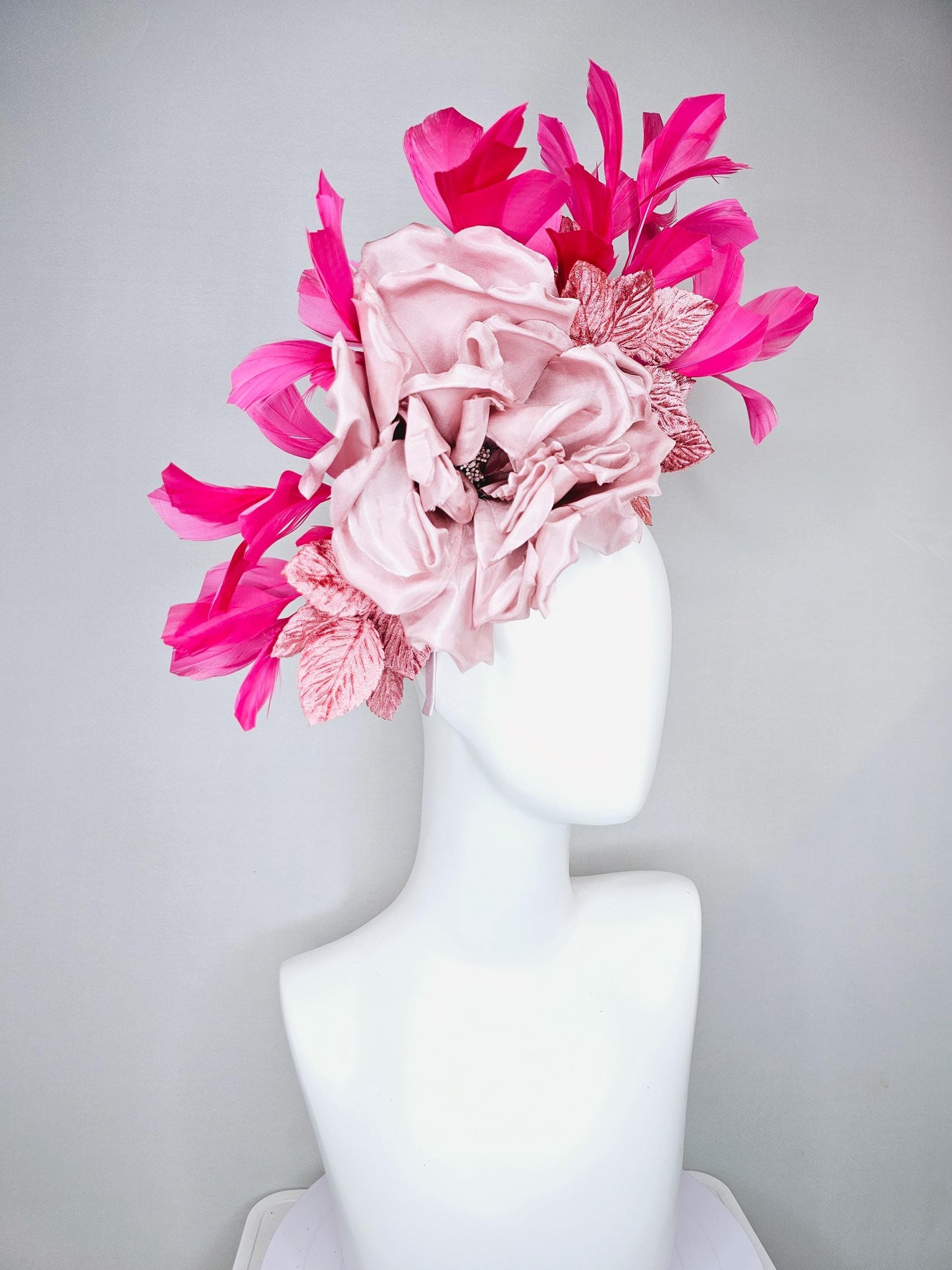 kentucky derby hat fascinator light dusty pink rose satin silk flower, blush pink satin leaves, hot pink branching feathers, thin headband