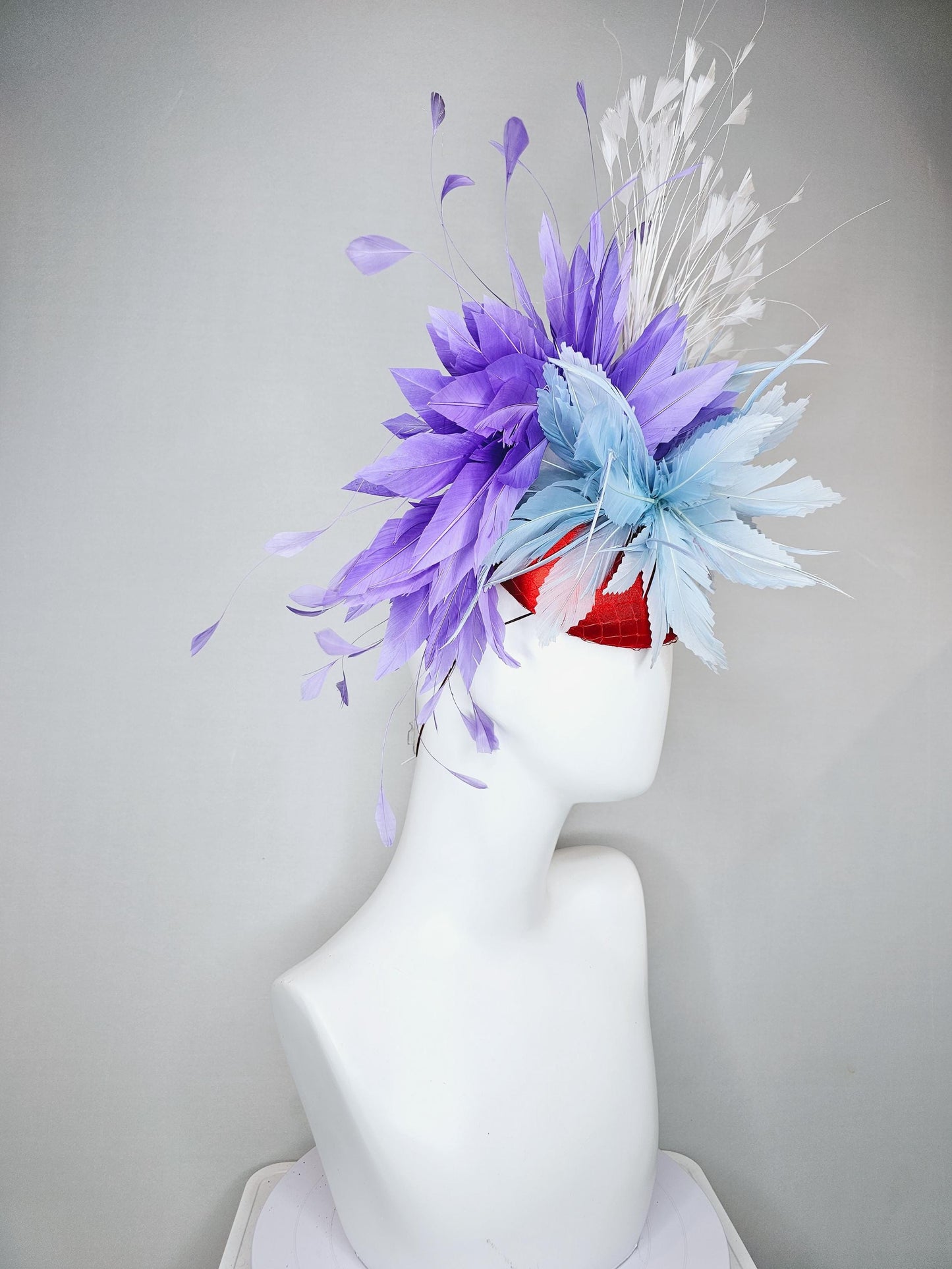 kentucky derby hat fascinator red satin with netting light teal baby blue and purple lavender feather flower white branching feathers