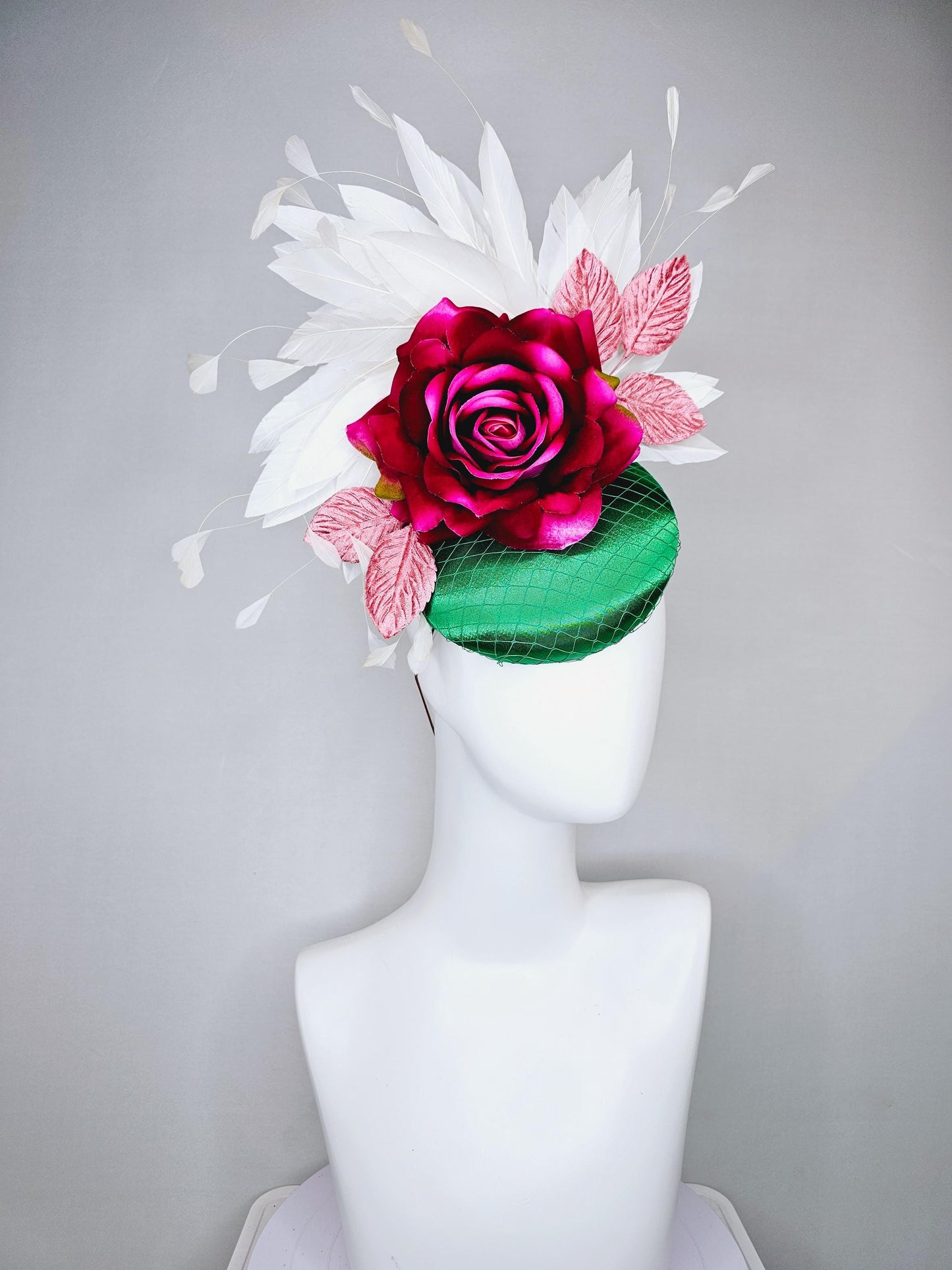 kentucky derby hat fascinator green satin with netting,magenta wine pink satin rose flower,blush pink satin leaves,white branching feathers