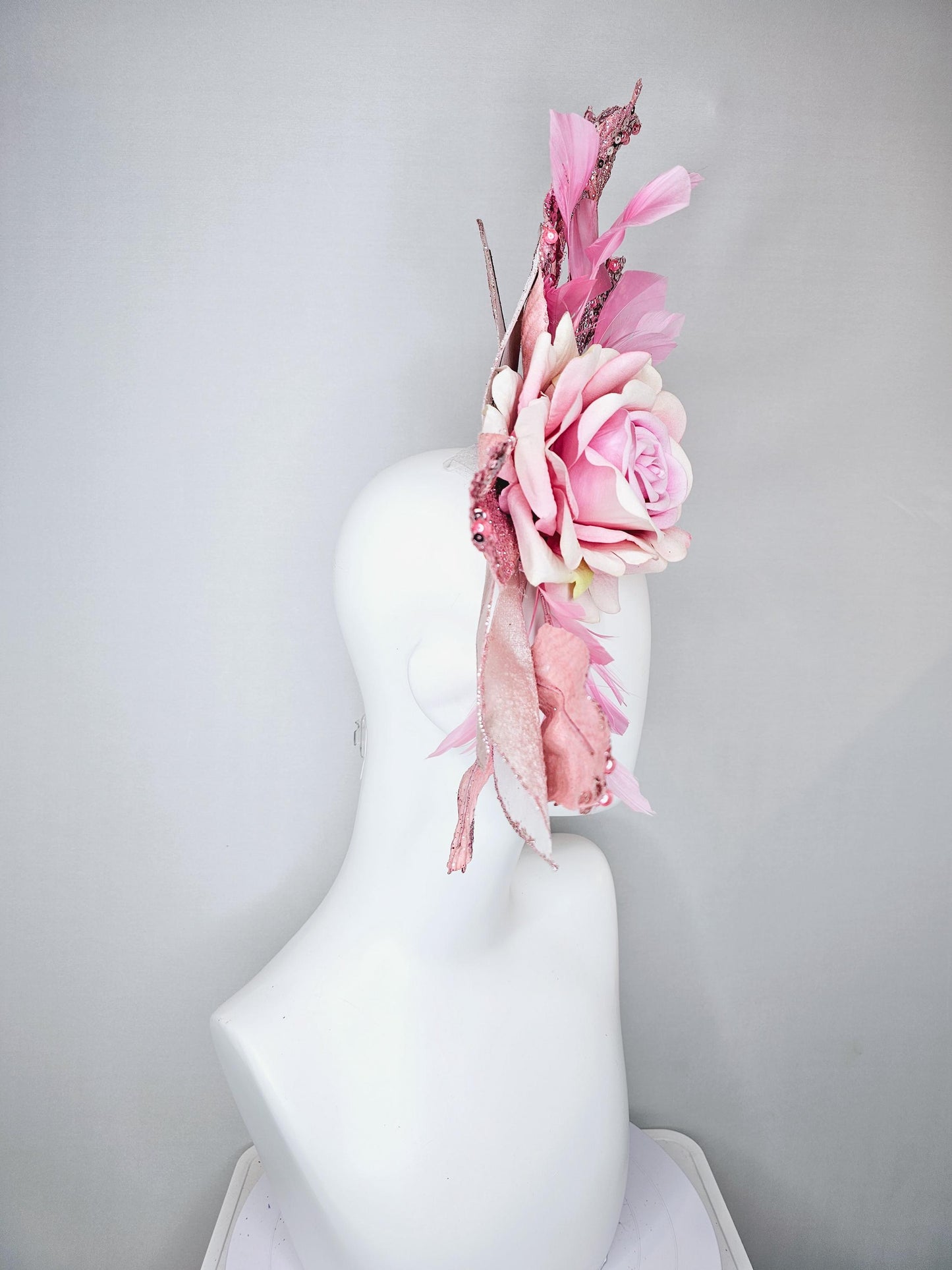 kentucky derby hat fascinator baby pink satin silk rose flower with metallic light pink sequin satin leaves and baby pink feathers