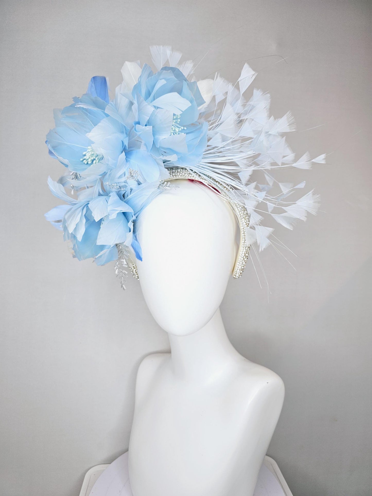 kentucky derby hat fascinator light sky baby blue feather flowers with light baby blue branching feathers and crystal rhinestone headband