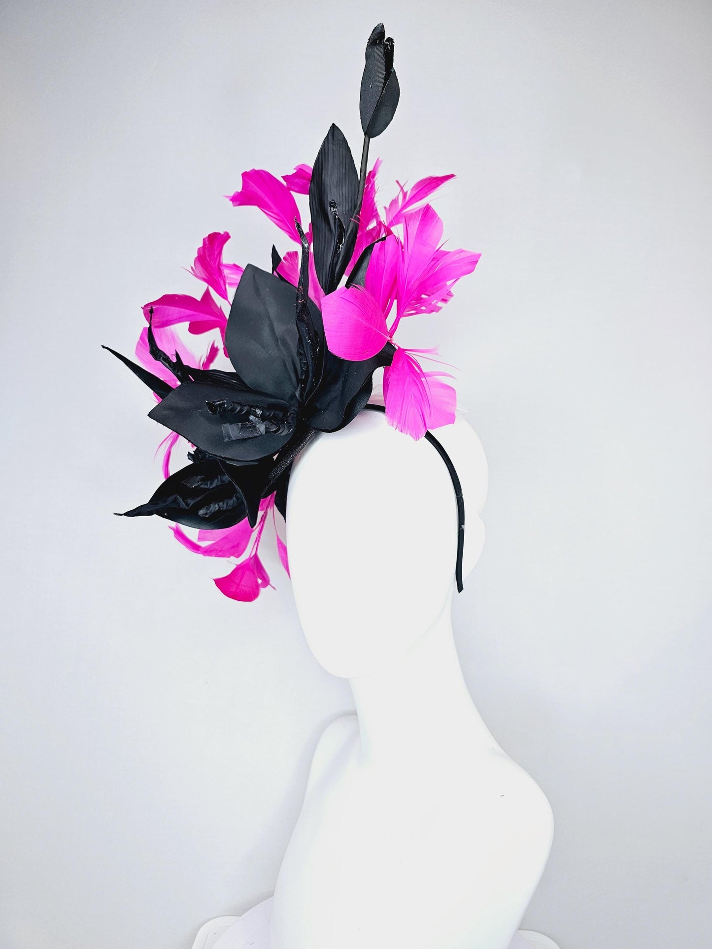 kentucky derby hat fascinator black sinamay with black satin silk flower and bright pink fuchsia branching feathers