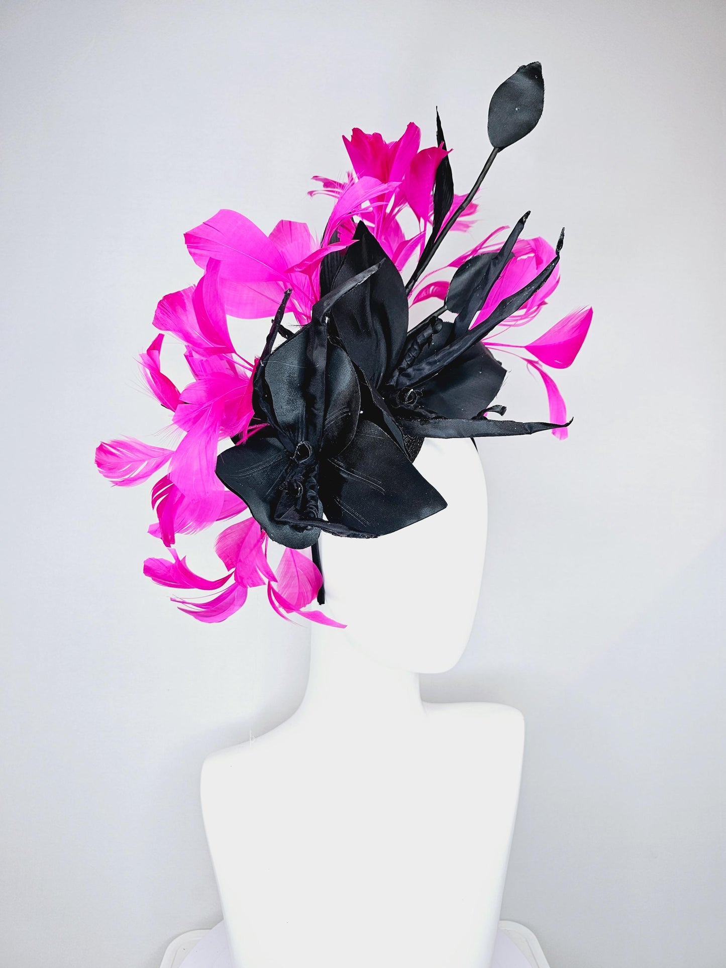 kentucky derby hat fascinator black sinamay with black satin silk flower and bright pink fuchsia branching feathers