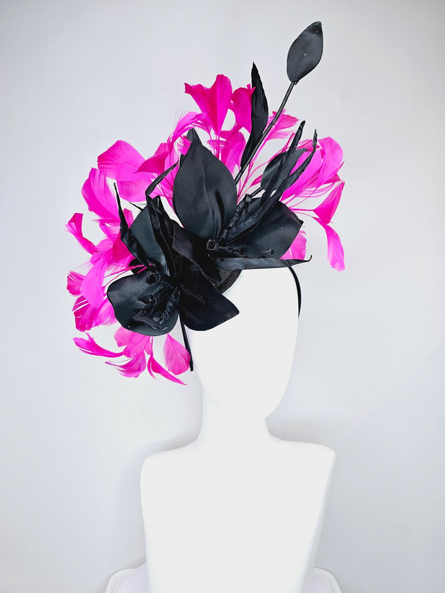 kentucky derby hat fascinator black sinamay with black satin silk flower and bright pink fuchsia branching feathers
