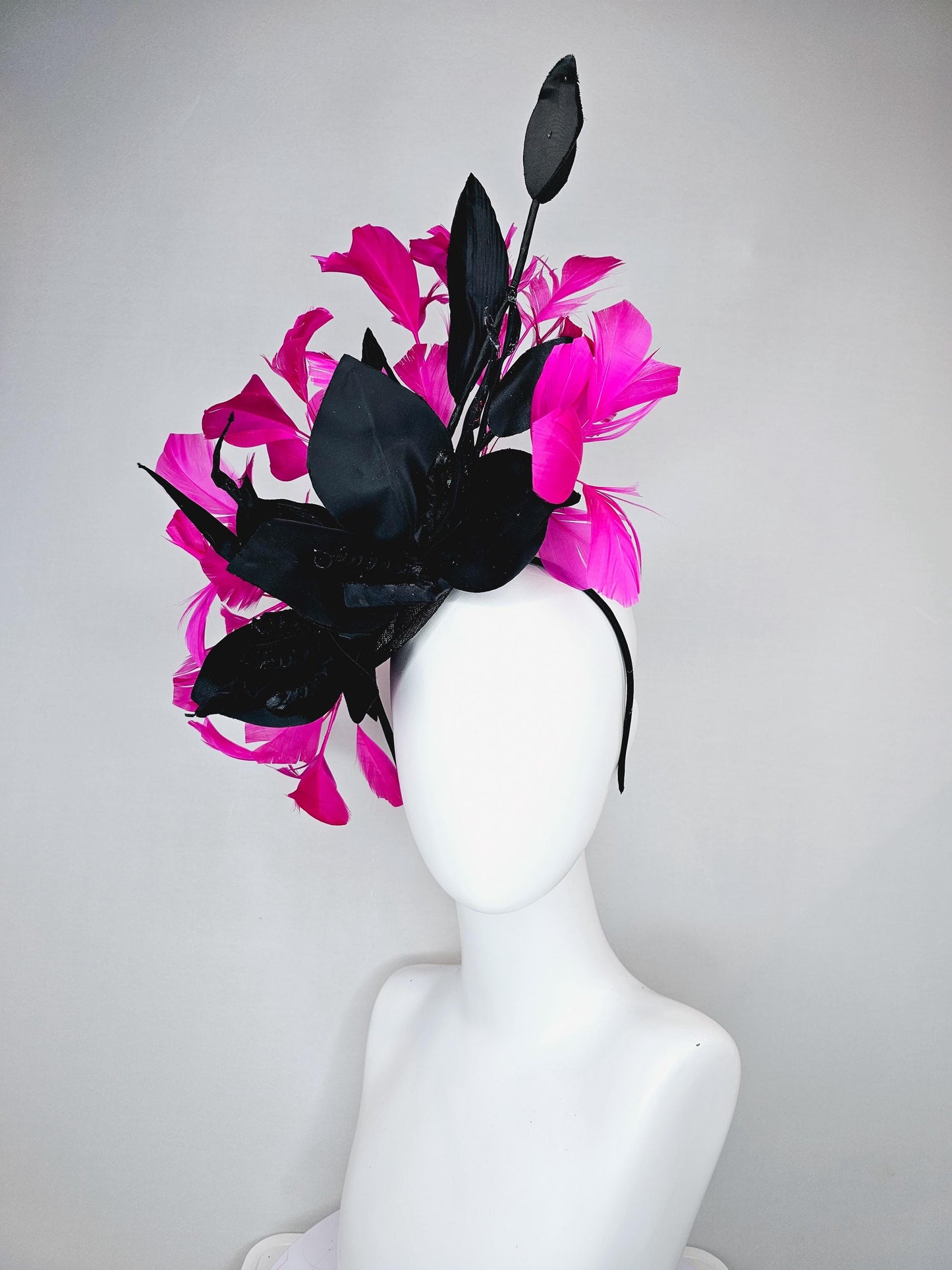 kentucky derby hat fascinator black sinamay with black satin silk flower and bright pink fuchsia branching feathers