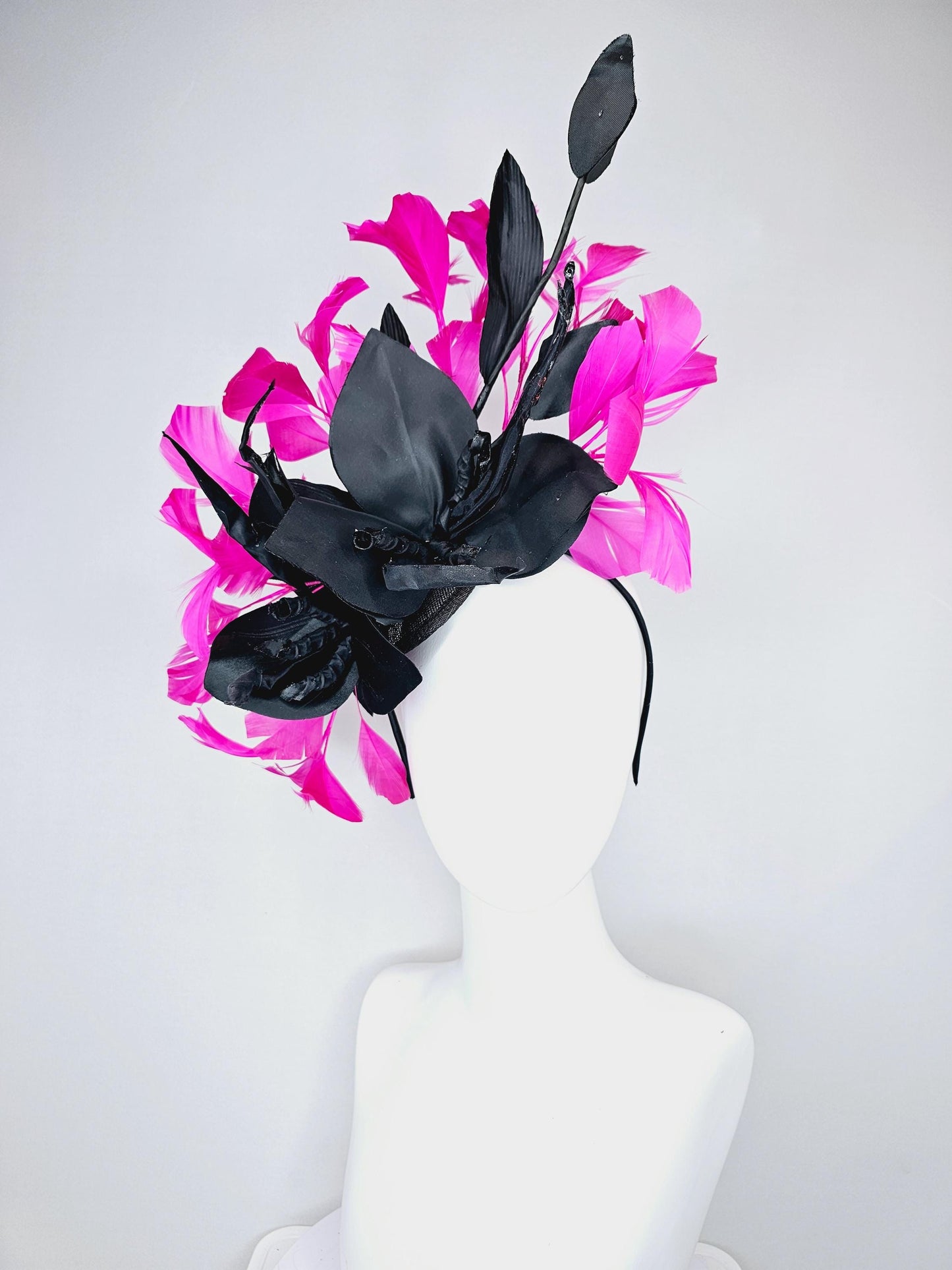 kentucky derby hat fascinator black sinamay with black satin silk flower and bright pink fuchsia branching feathers