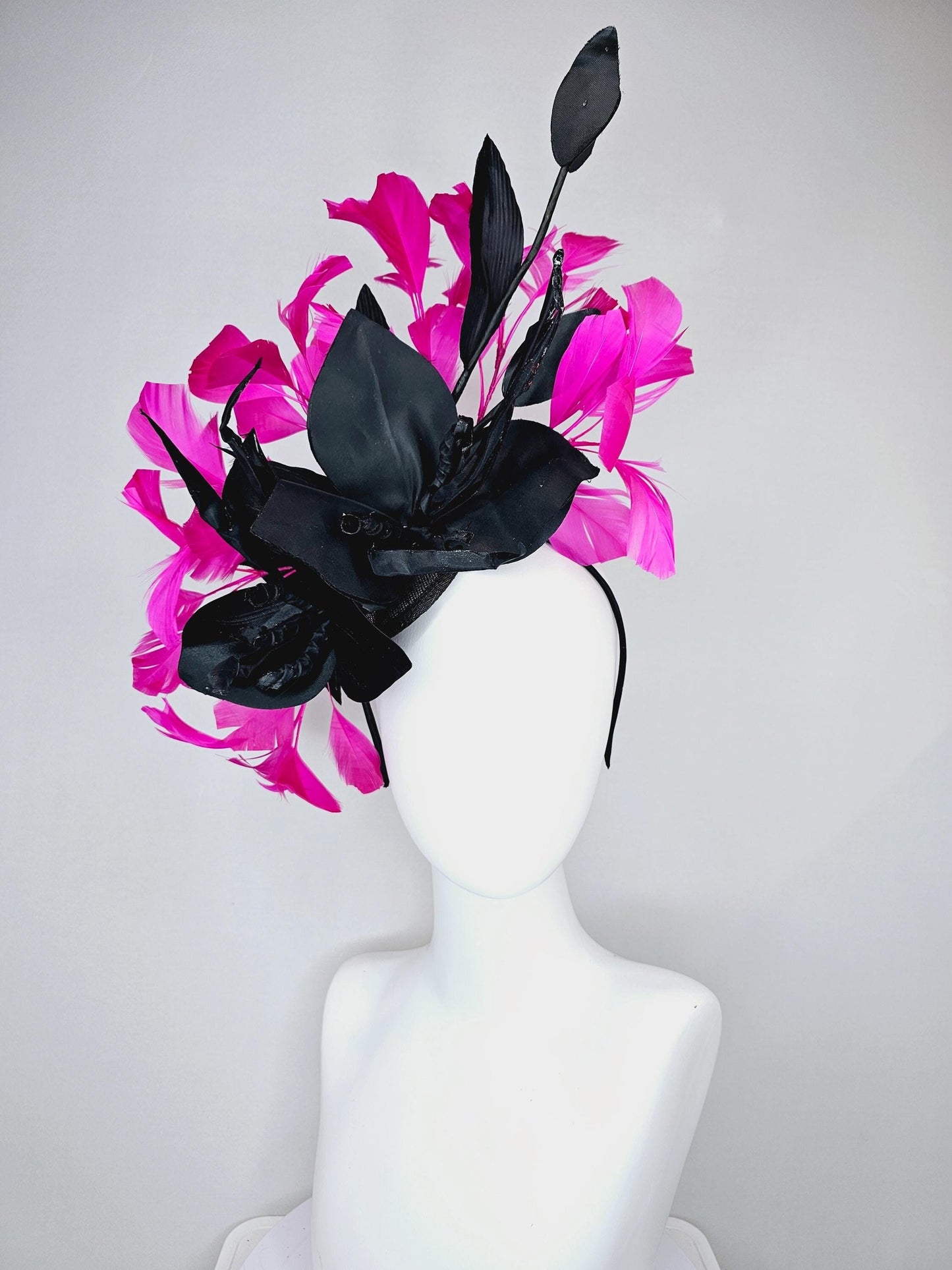 kentucky derby hat fascinator black sinamay with black satin silk flower and bright pink fuchsia branching feathers