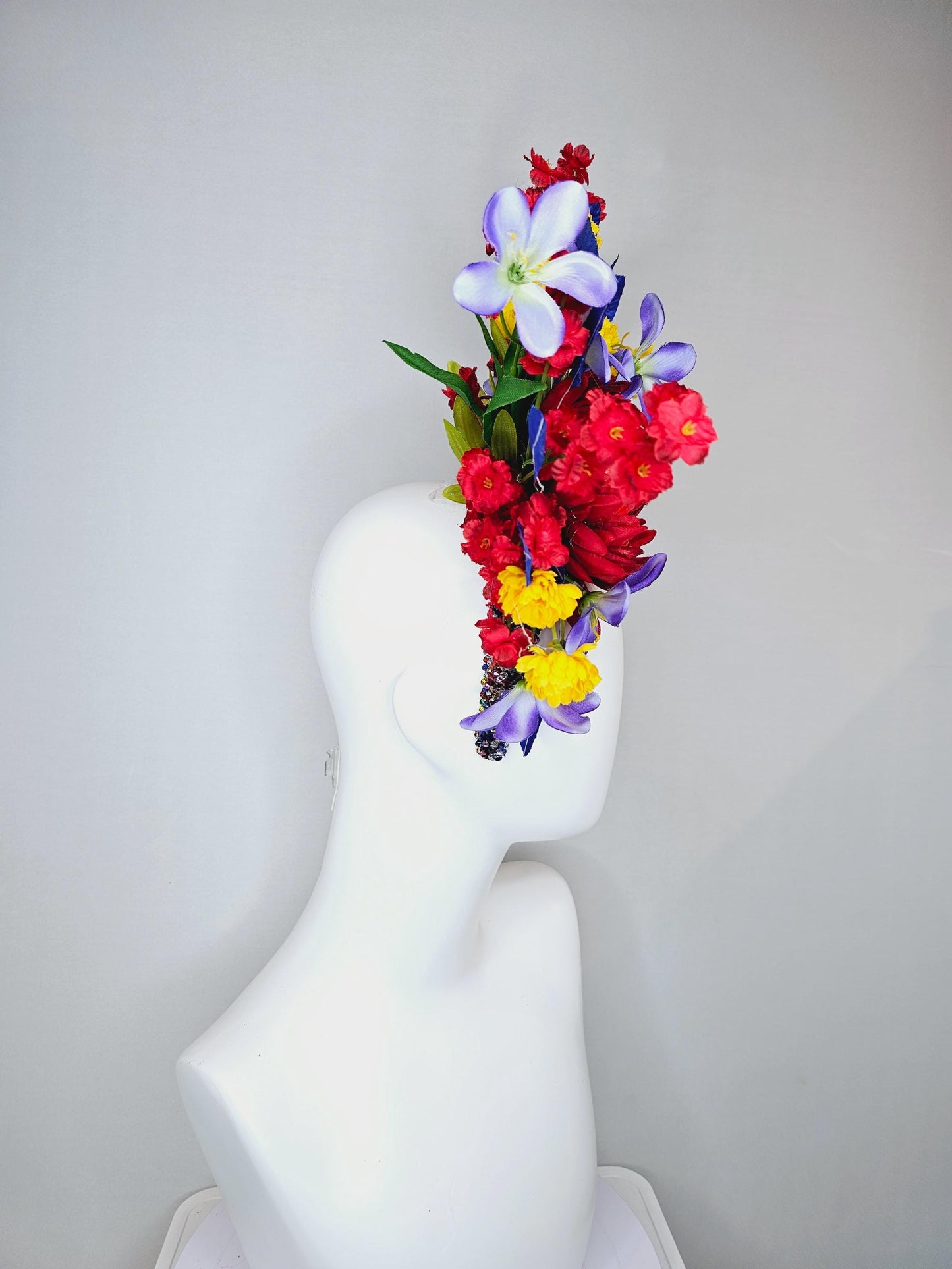 kentucky derby hat fascinator colorful rainbow crystal rhinestone headband,red orange purple lavender yellow flowers with royal blue leaves