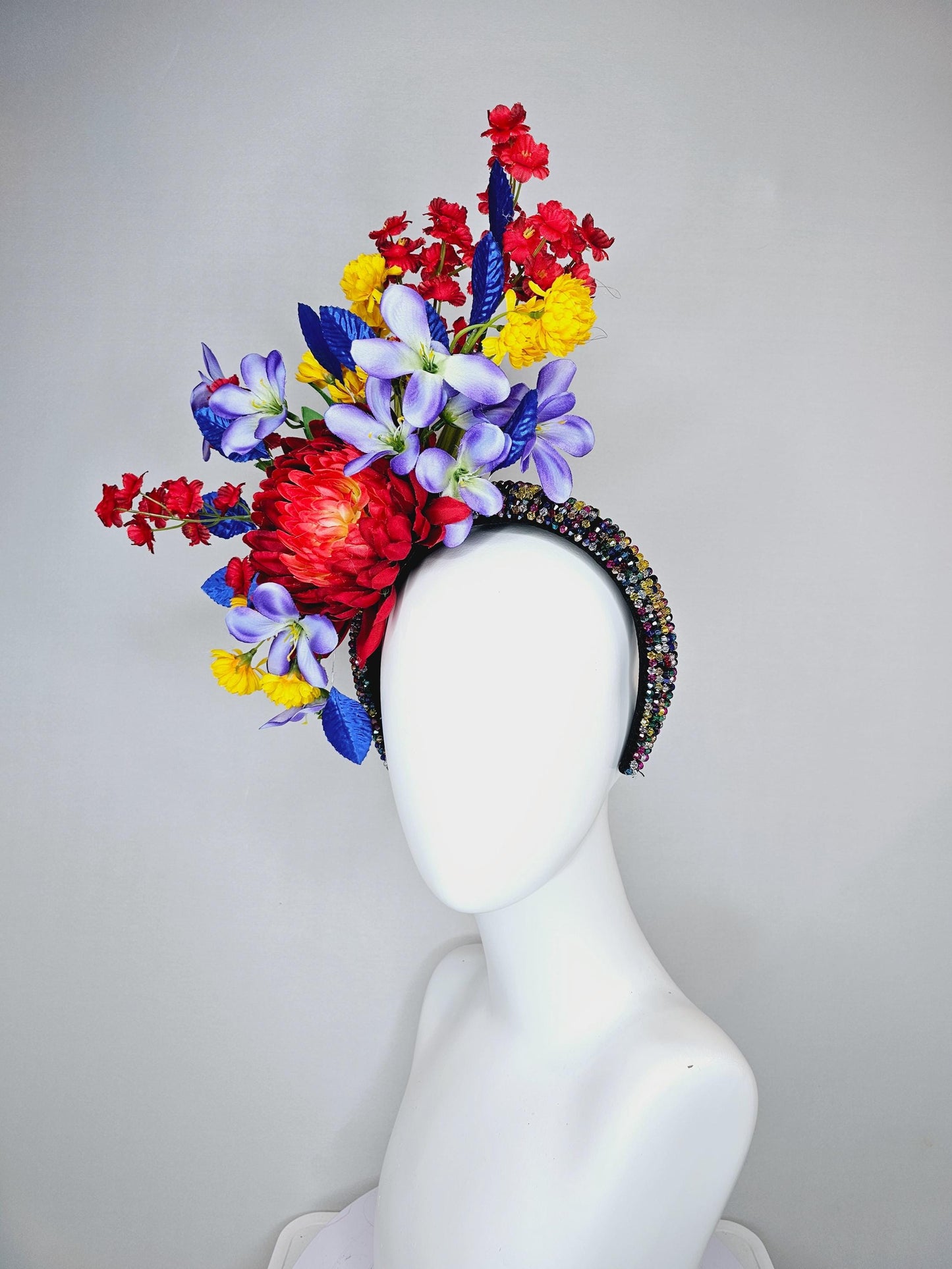 kentucky derby hat fascinator colorful rainbow crystal rhinestone headband,red orange purple lavender yellow flowers with royal blue leaves