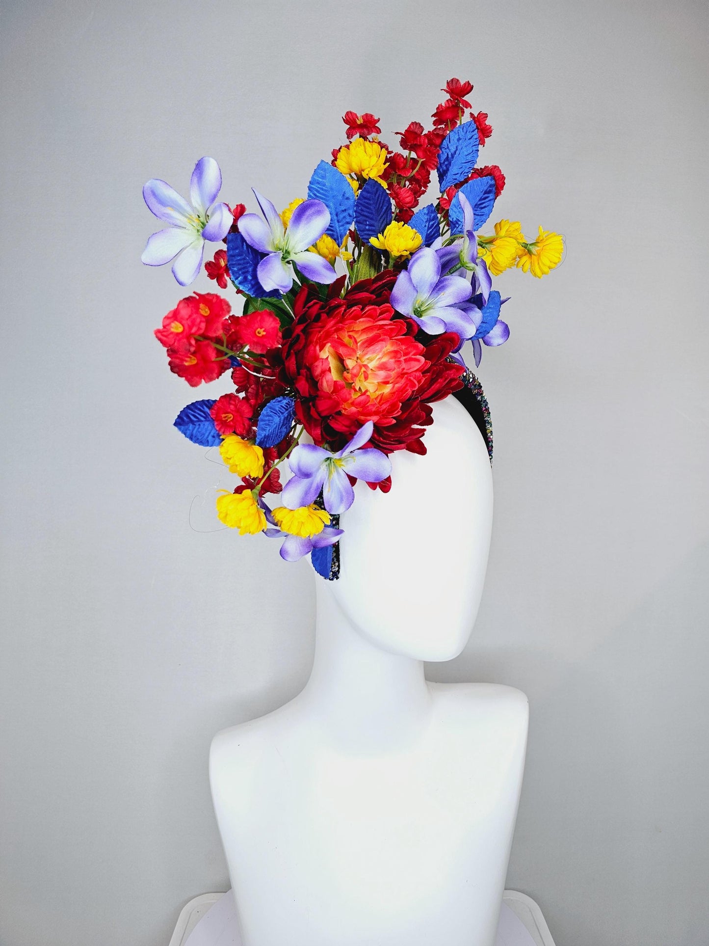 kentucky derby hat fascinator colorful rainbow crystal rhinestone headband,red orange purple lavender yellow flowers with royal blue leaves