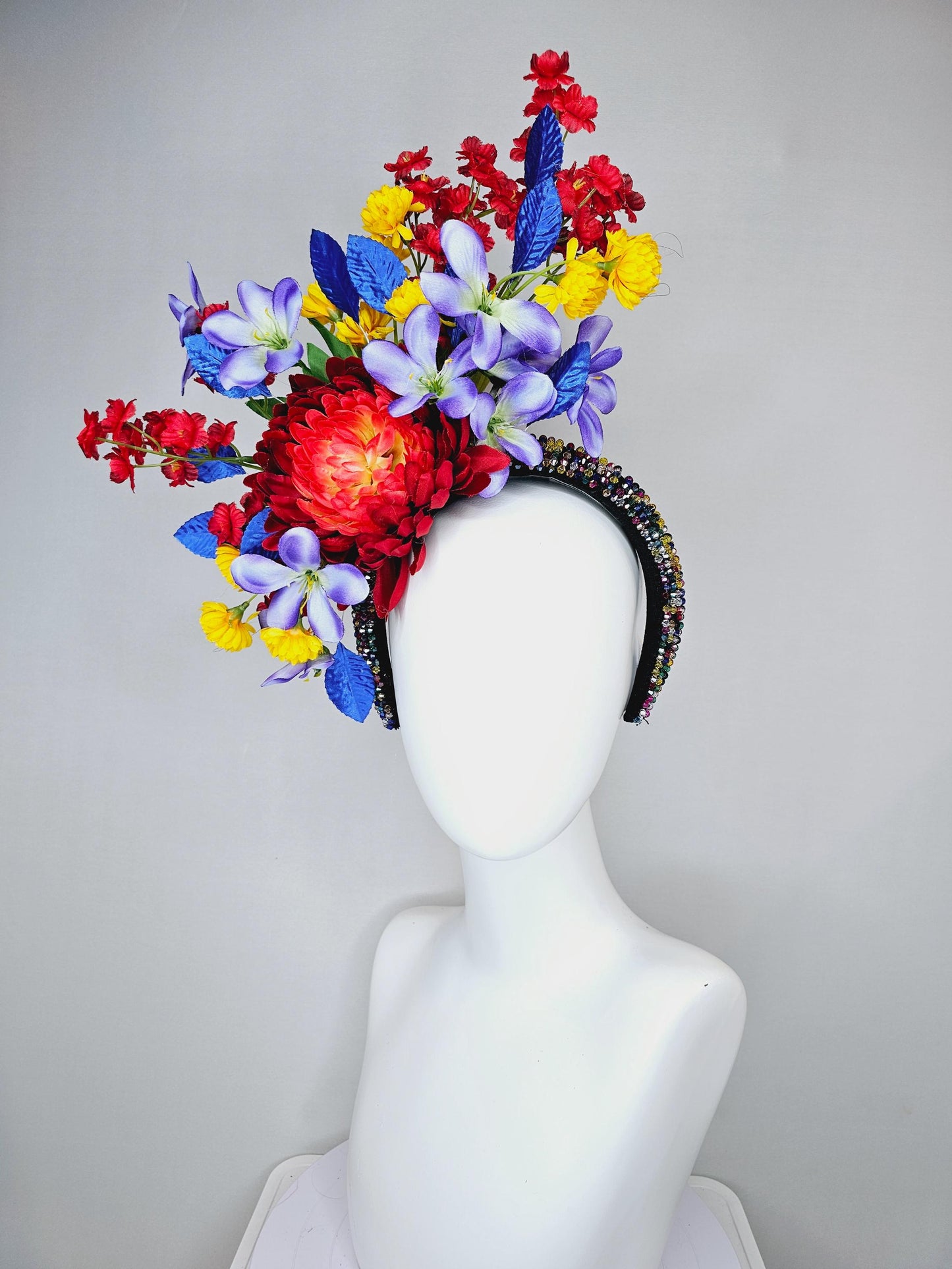 kentucky derby hat fascinator colorful rainbow crystal rhinestone headband,red orange purple lavender yellow flowers with royal blue leaves