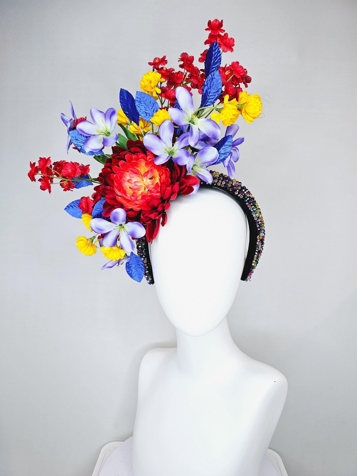 kentucky derby hat fascinator colorful rainbow crystal rhinestone headband,red orange purple lavender yellow flowers with royal blue leaves