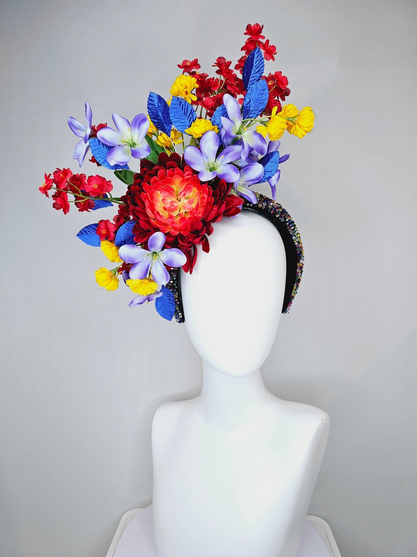 kentucky derby hat fascinator colorful rainbow crystal rhinestone headband,red orange purple lavender yellow flowers with royal blue leaves