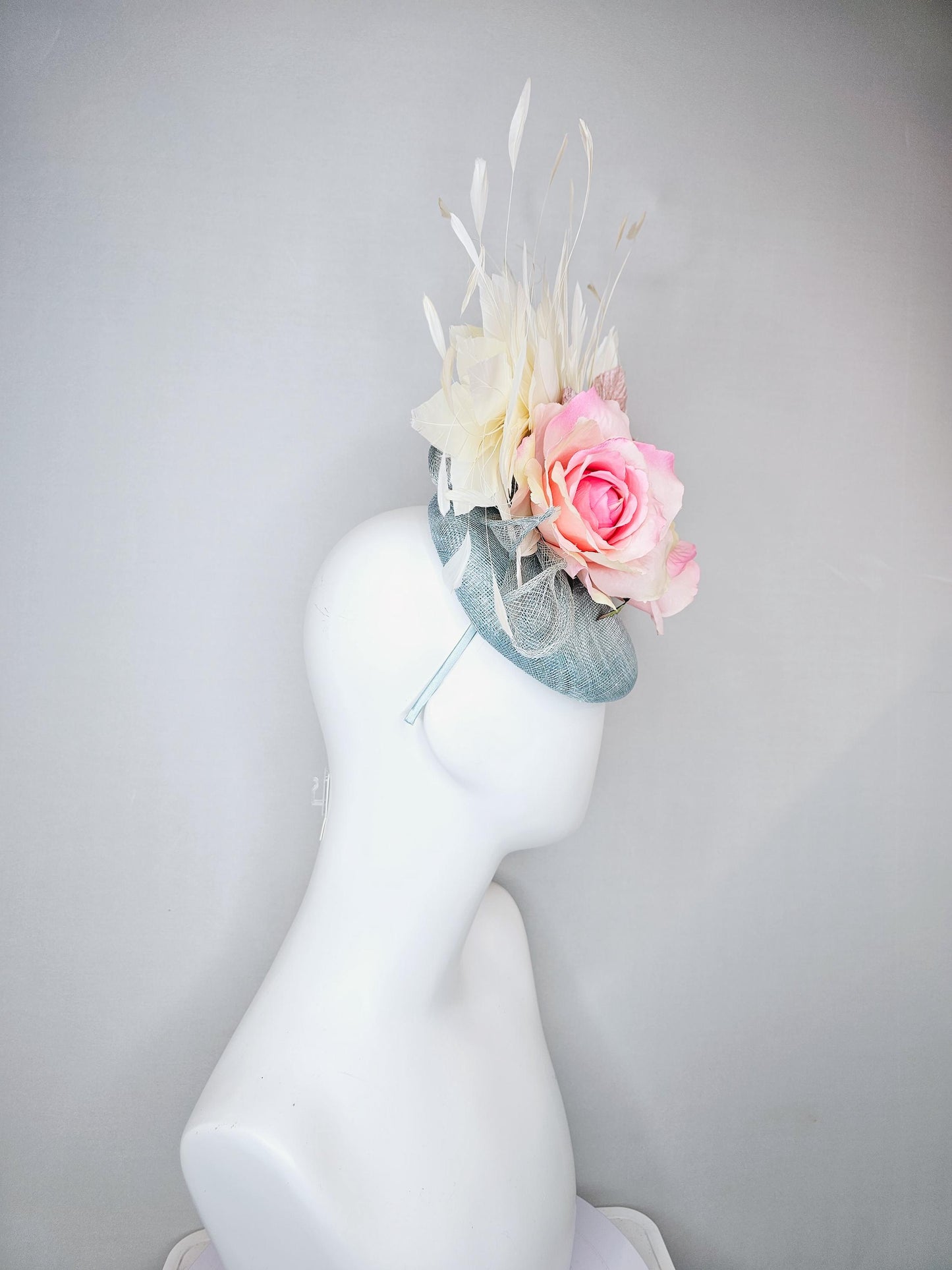 kentucky derby hat fascinator light blue sinamay, ombre pink satin silk rose flowers, with light pink leaves, white ivory branching feathers