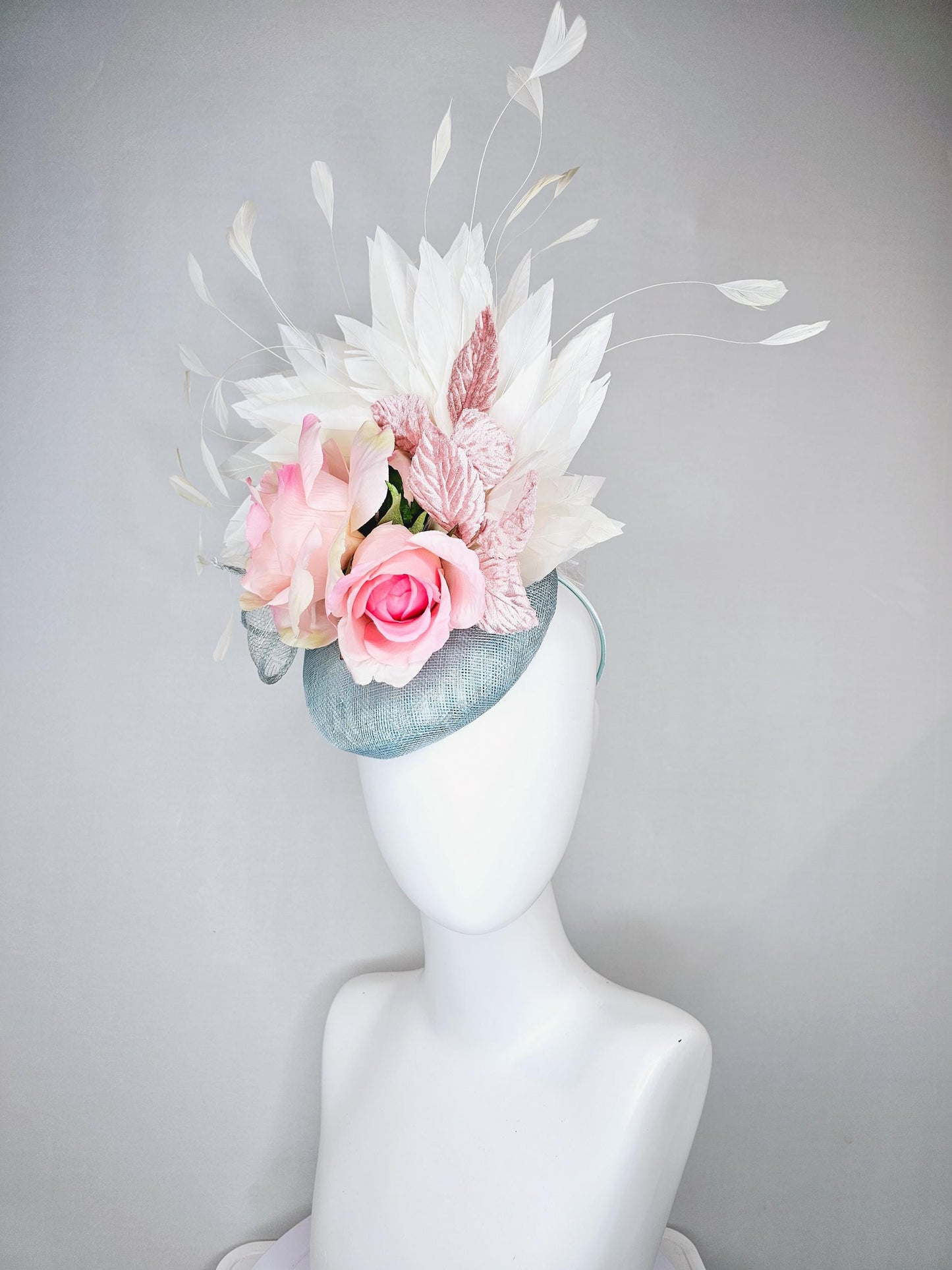 kentucky derby hat fascinator light blue sinamay, ombre pink satin silk rose flowers, with light pink leaves, white ivory branching feathers