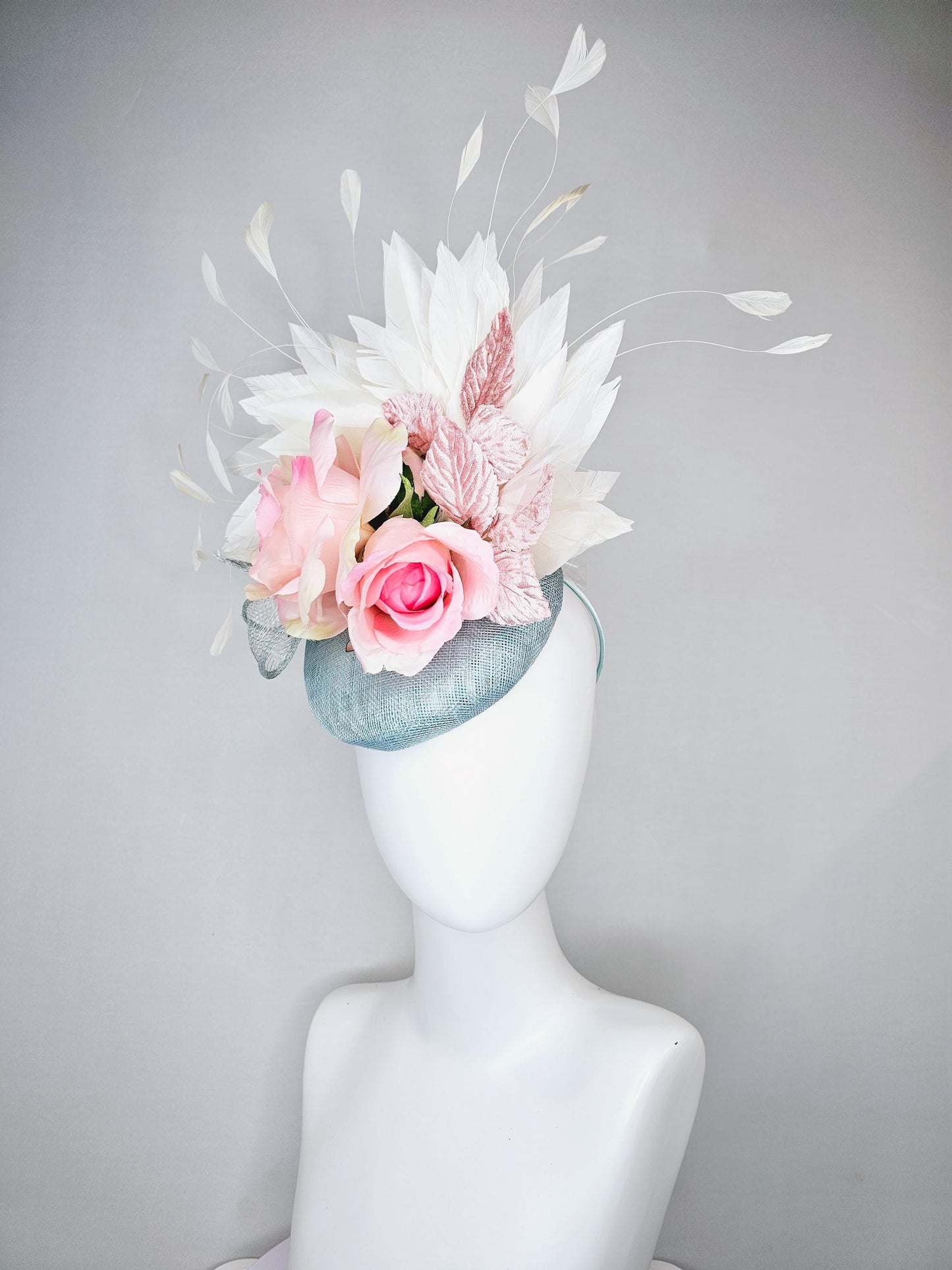 kentucky derby hat fascinator light blue sinamay, ombre pink satin silk rose flowers, with light pink leaves, white ivory branching feathers