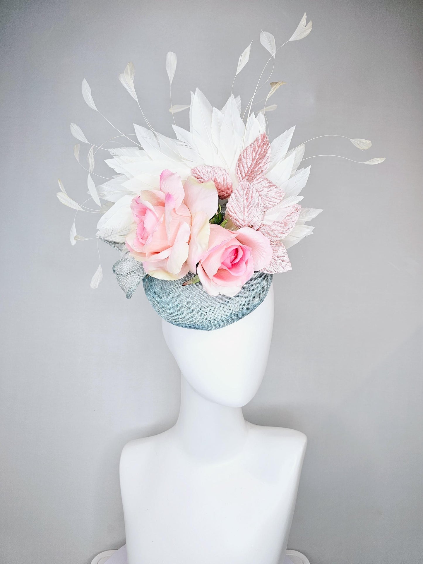 kentucky derby hat fascinator light blue sinamay, ombre pink satin silk rose flowers, with light pink leaves, white ivory branching feathers