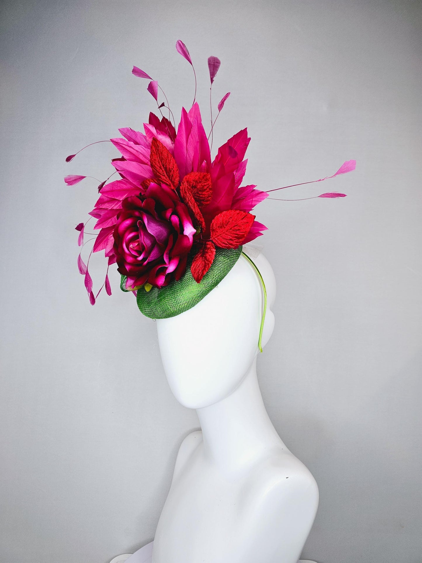 kentucky derby hat fascinator green sinamay with pink fuchsia satin silk rose flower and red leaves, pink branching feathers