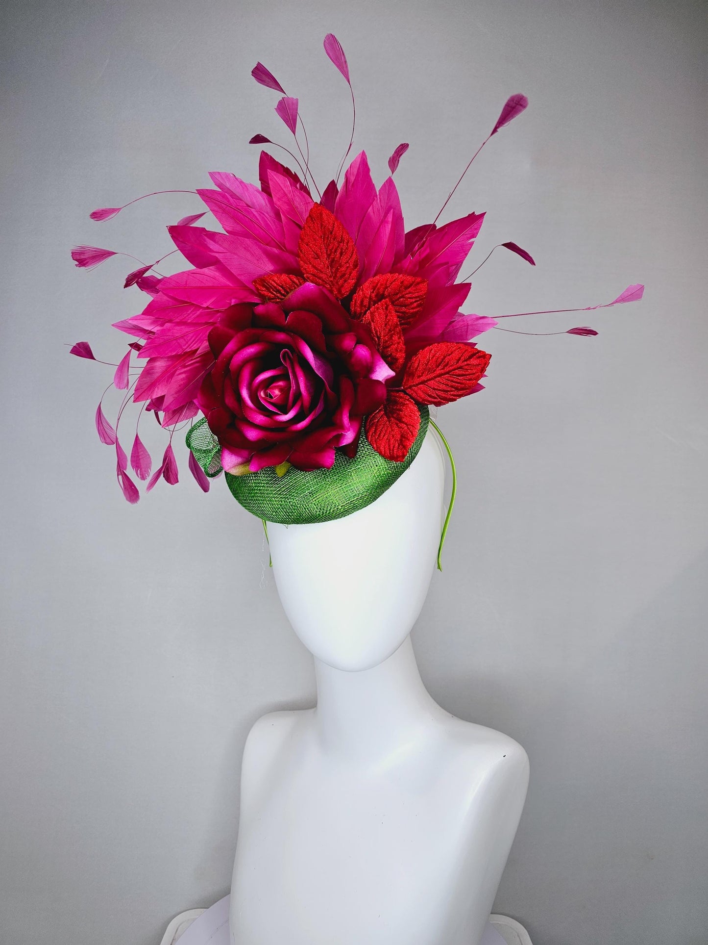kentucky derby hat fascinator green sinamay with pink fuchsia satin silk rose flower and red leaves, pink branching feathers