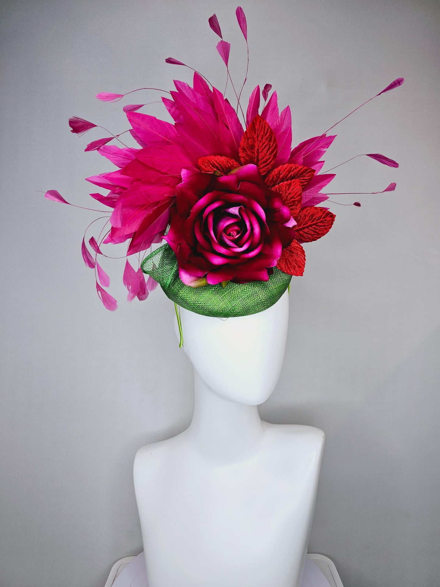 kentucky derby hat fascinator green sinamay with pink fuchsia satin silk rose flower and red leaves, pink branching feathers